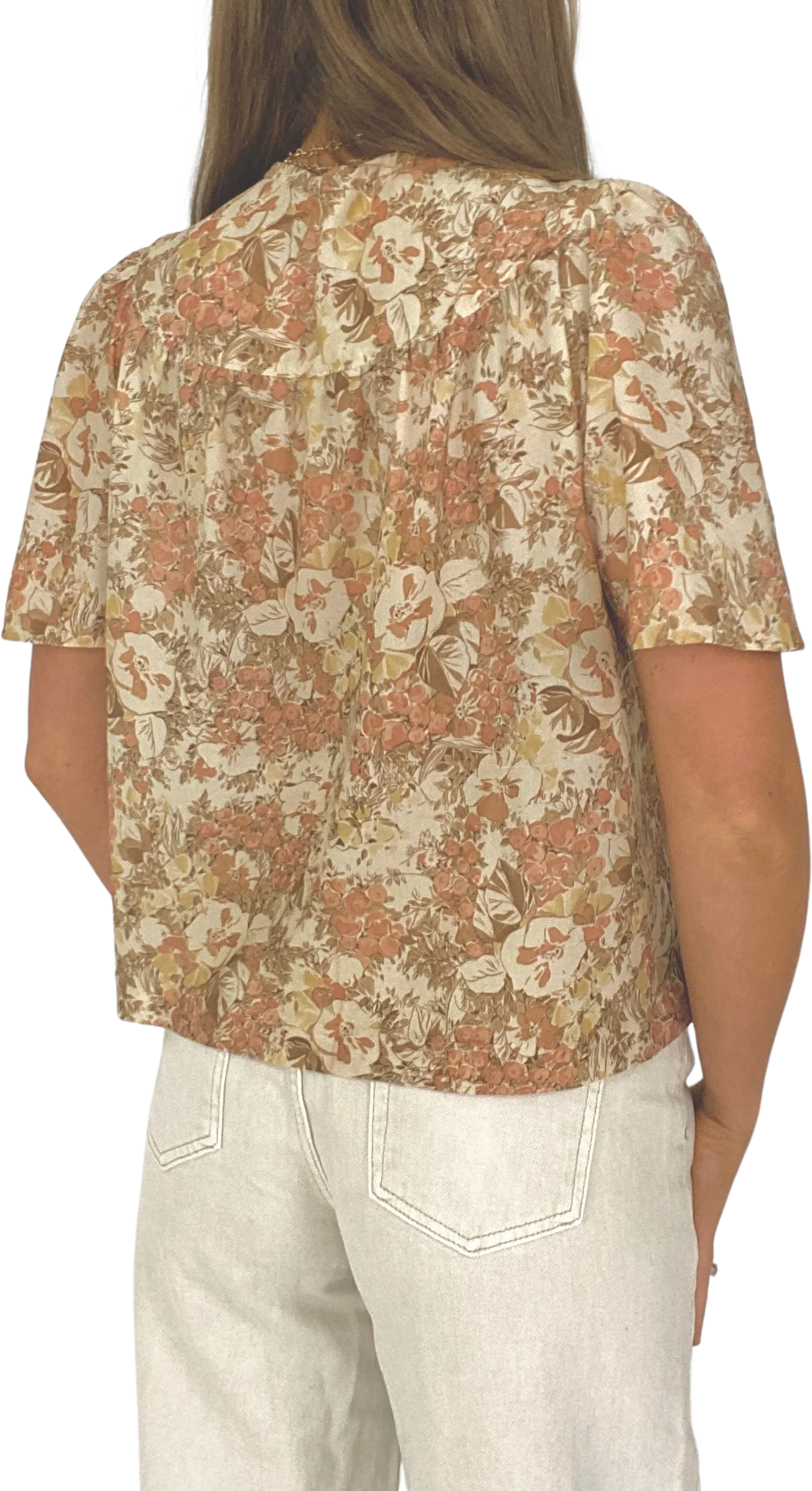 70s Neutral Floral Short Sleeve Peasant Top - Image 2