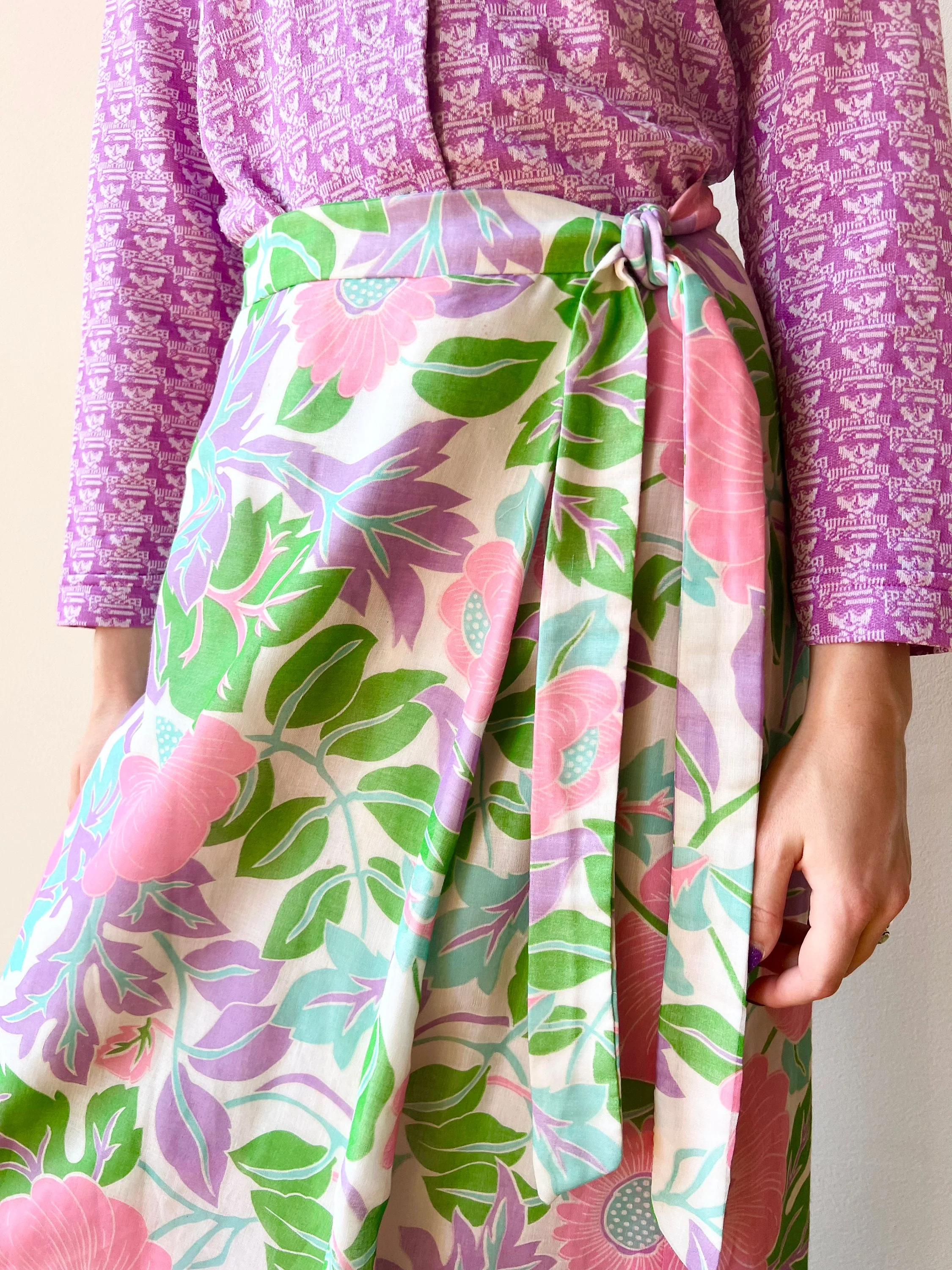 70s Nicky Original Cotton Voile Floral Wrap Maxi Skirt - Image 3