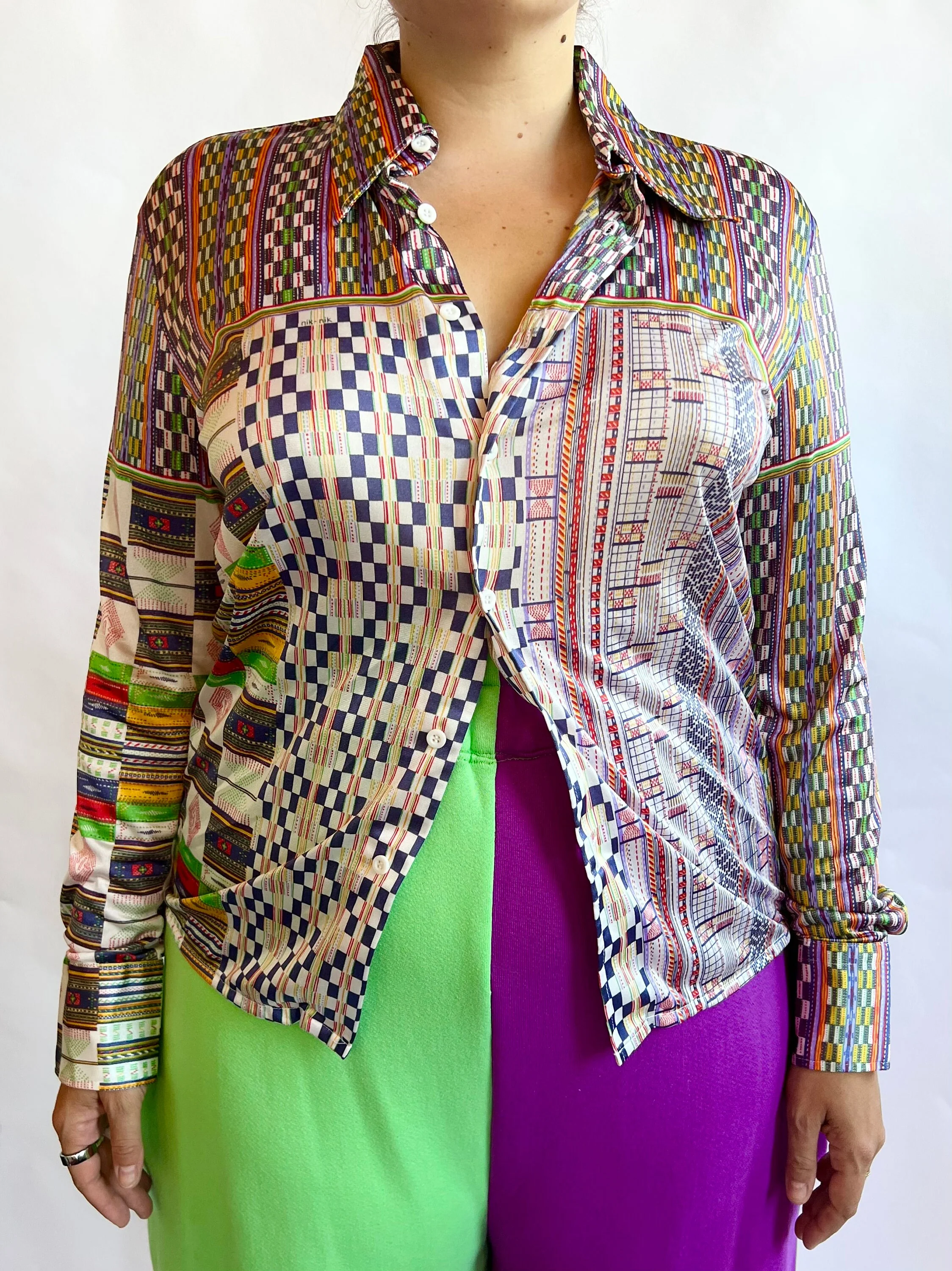 70s Nik Nik Geometric Rainbow Checkered Abstract Race Track Disco Shirt - Image 2
