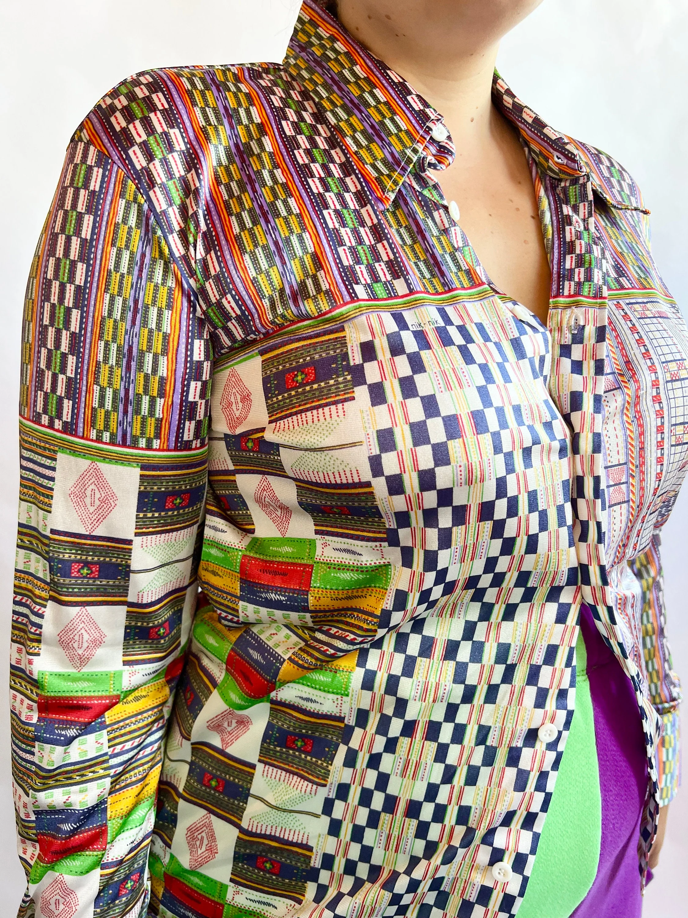 70s Nik Nik Geometric Rainbow Checkered Abstract Race Track Disco Shirt - Image 6