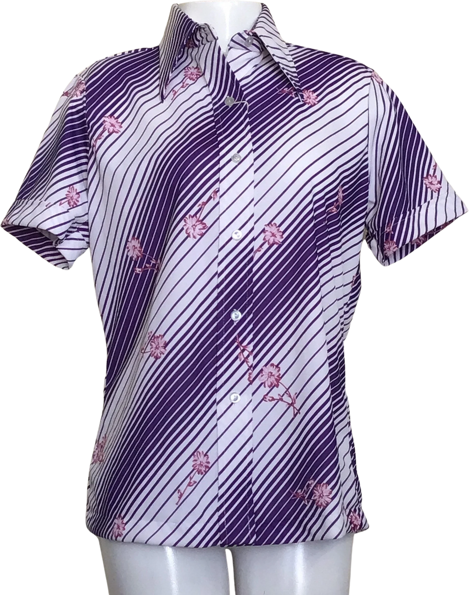 70s Nwt Purple White Floral Diagonal Stripe Blouse Top By Sears