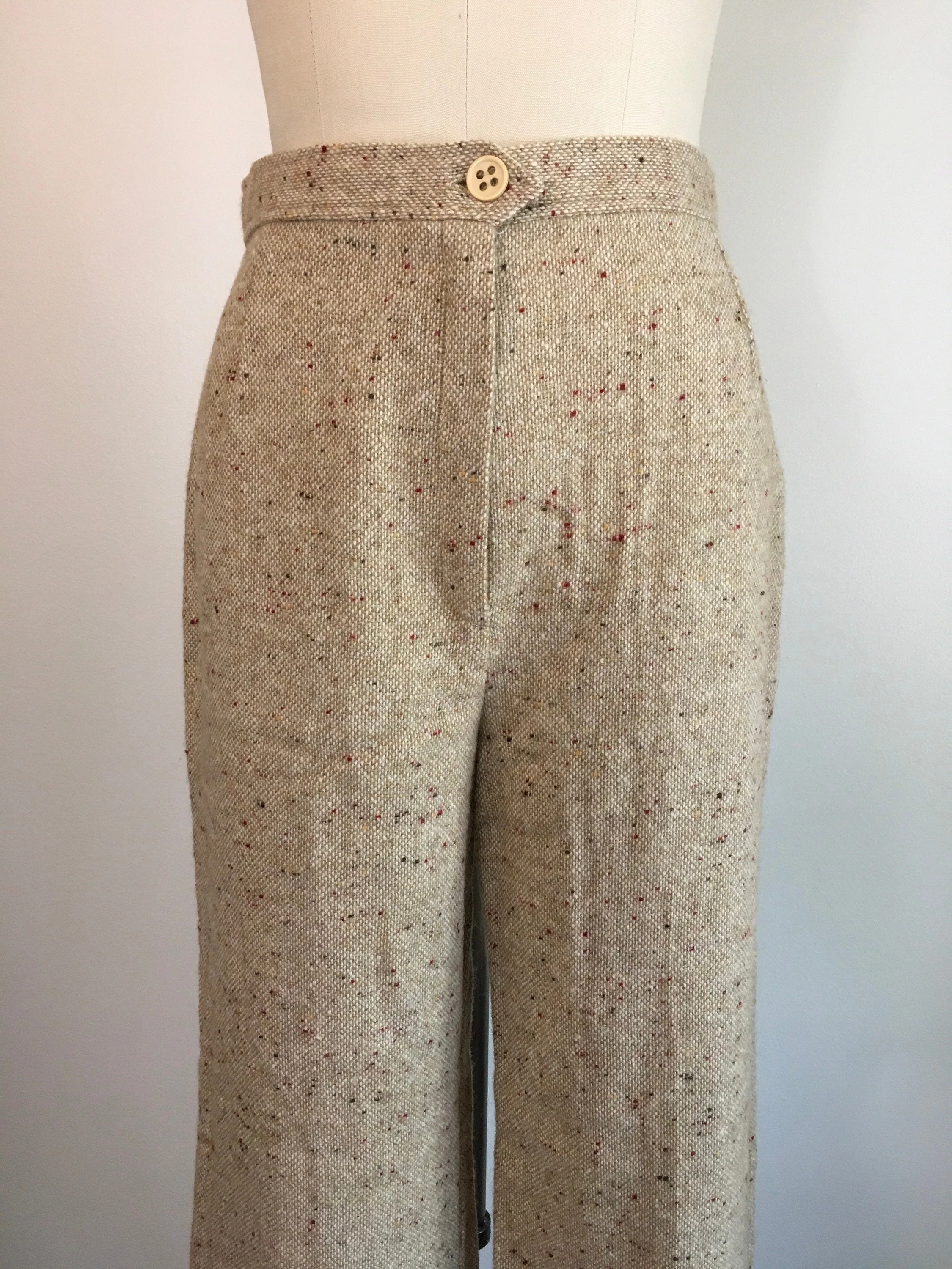 70's Oatmeal Tweed High Waisted Wide Leg Trousers - Image 4