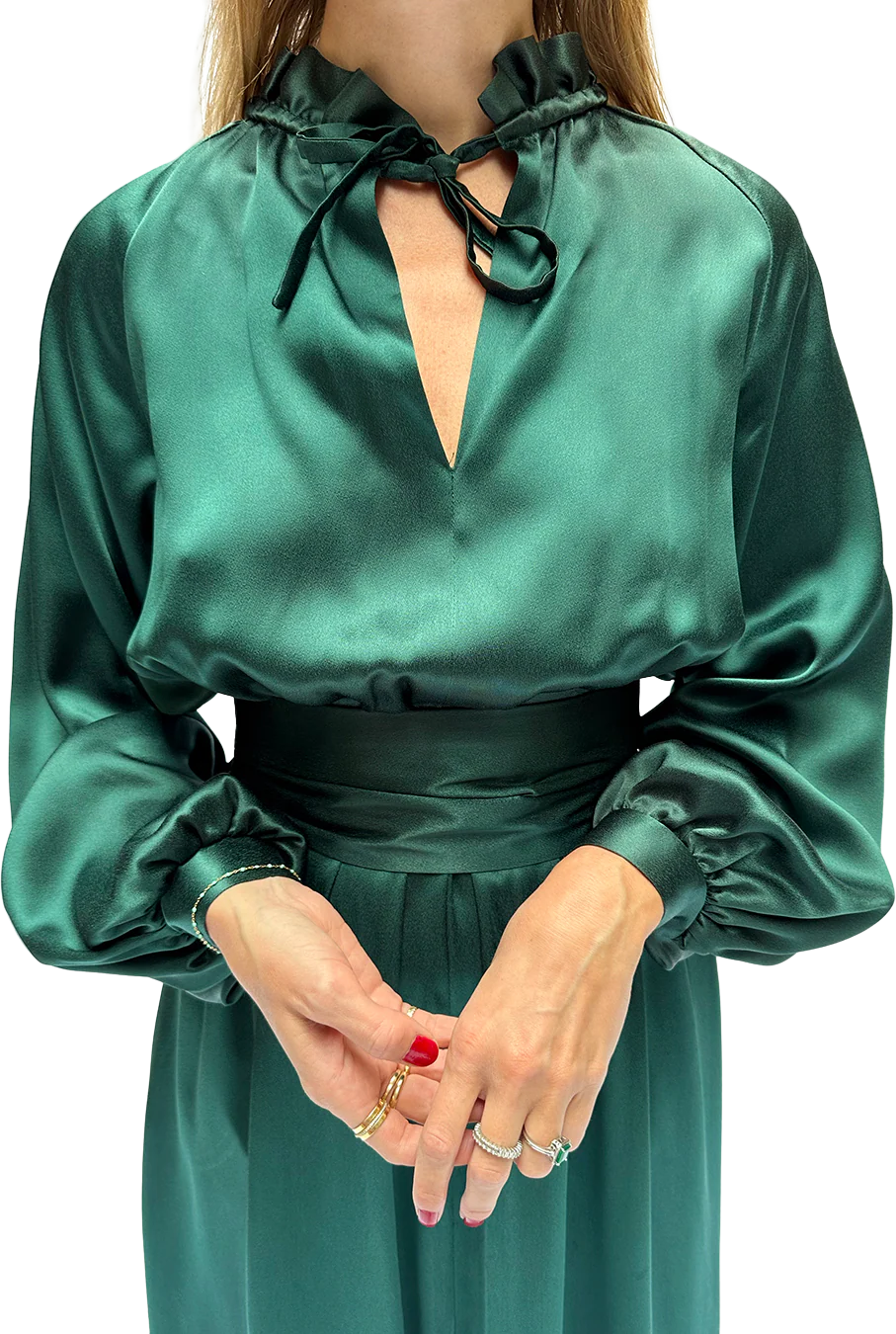 70s One-of-a-kind Emerald Satin Long Sleeve Dress Xs-s