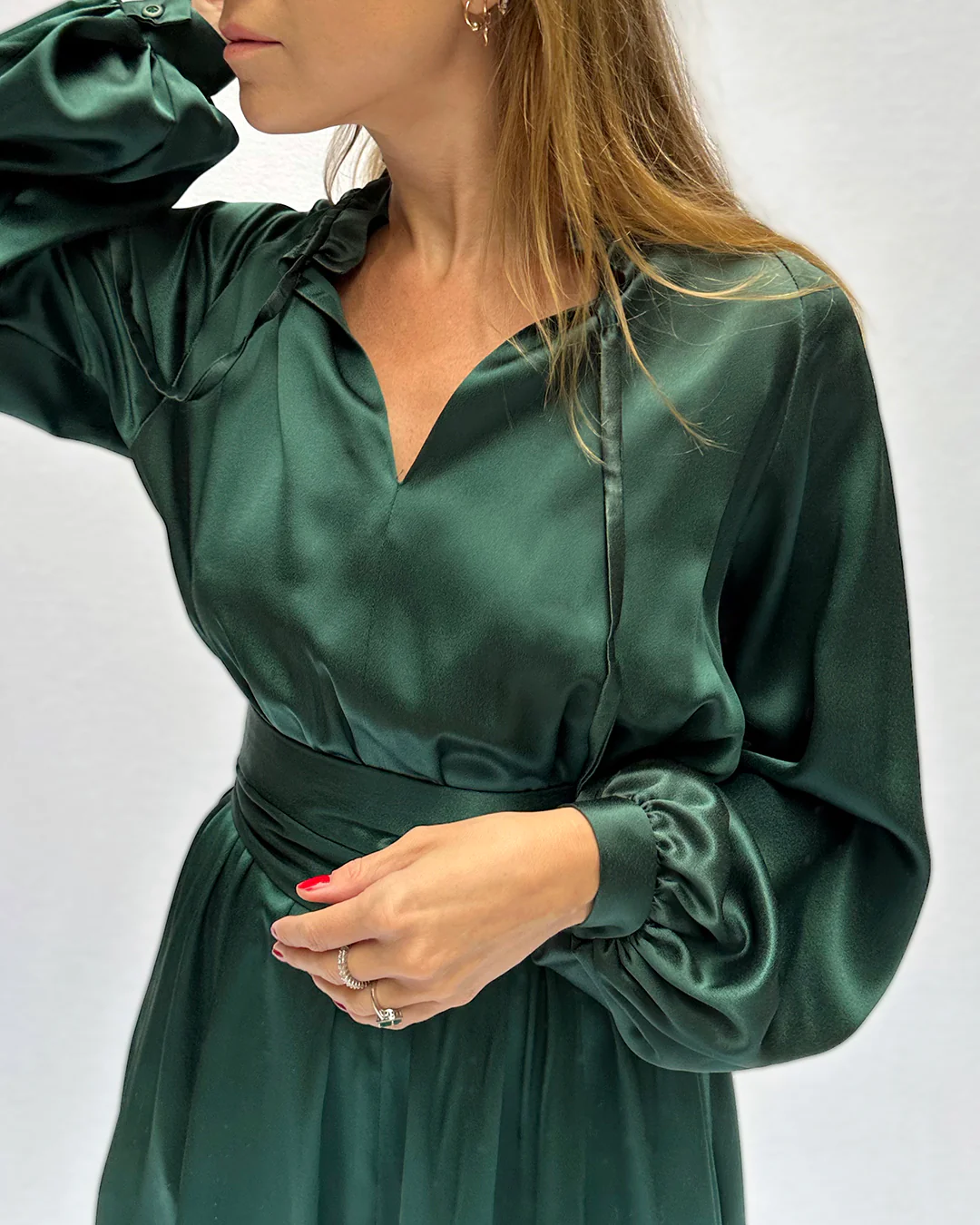 70s One-of-a-kind Emerald Satin Long Sleeve Dress Xs-s - Image 5