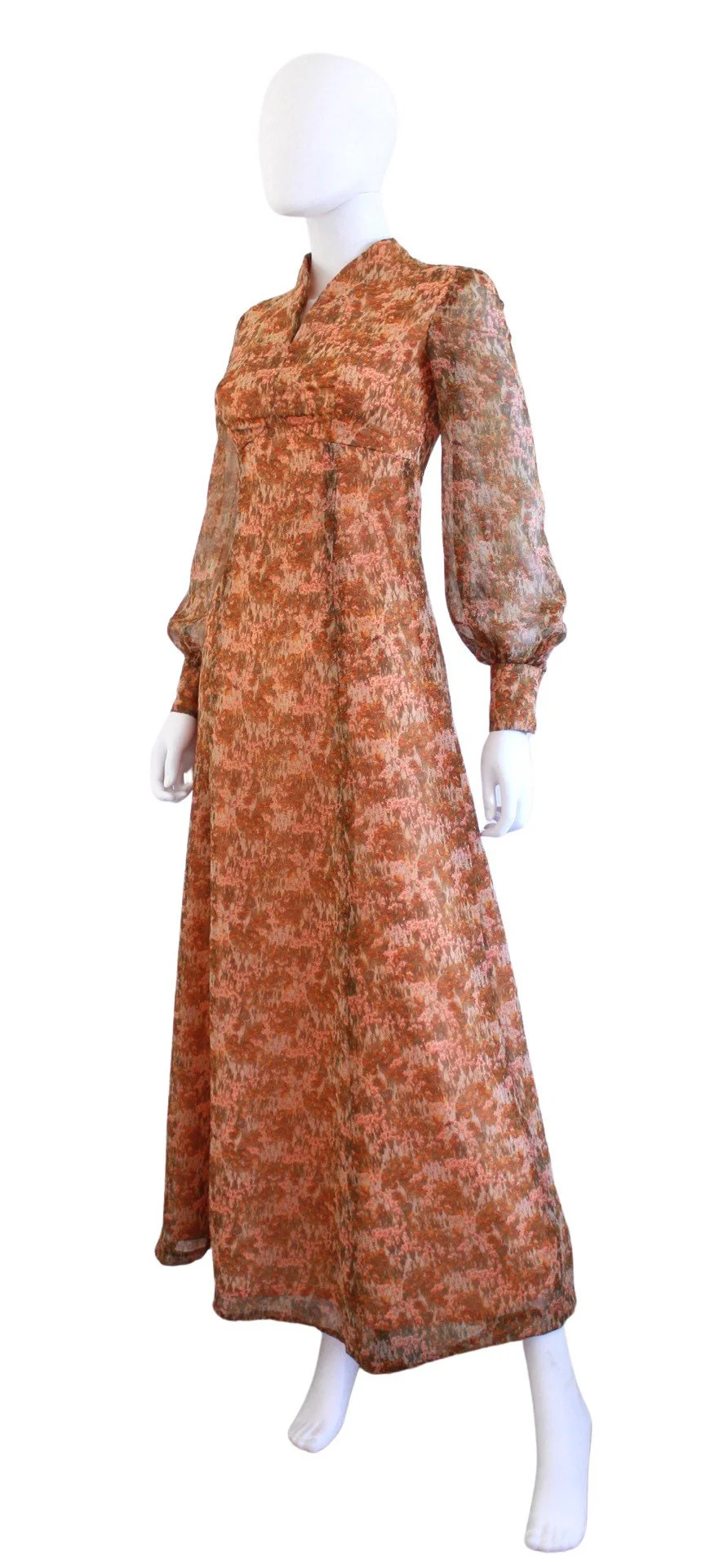 70s Orange and Brown Meadow Flowers Nylon Chiffon Maxi Dress - Image 5
