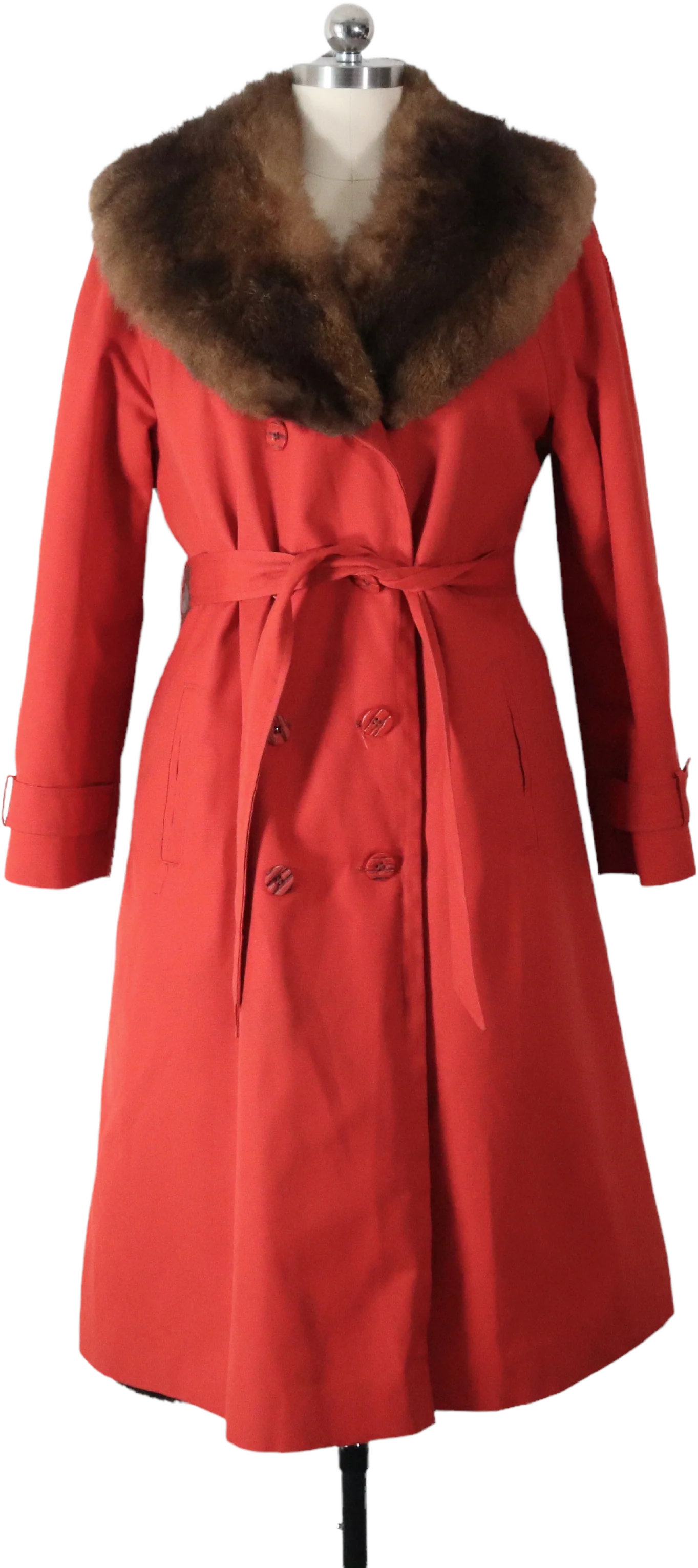 70s Orange Canvas Fur Collar Insulated Trench Coat By Weatherbee