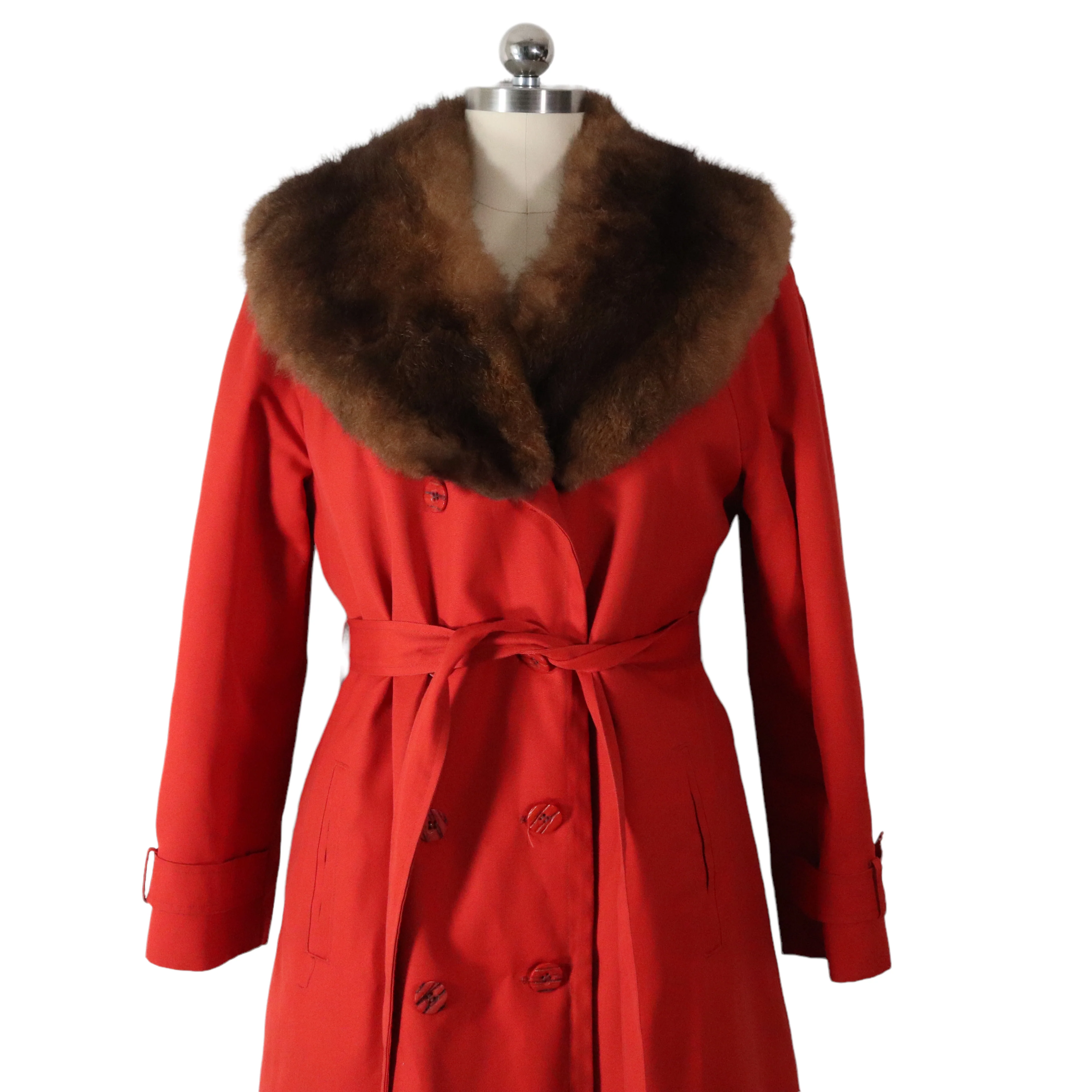 70s Orange Canvas Fur Collar Insulated Trench Coat By Weatherbee - Image 3