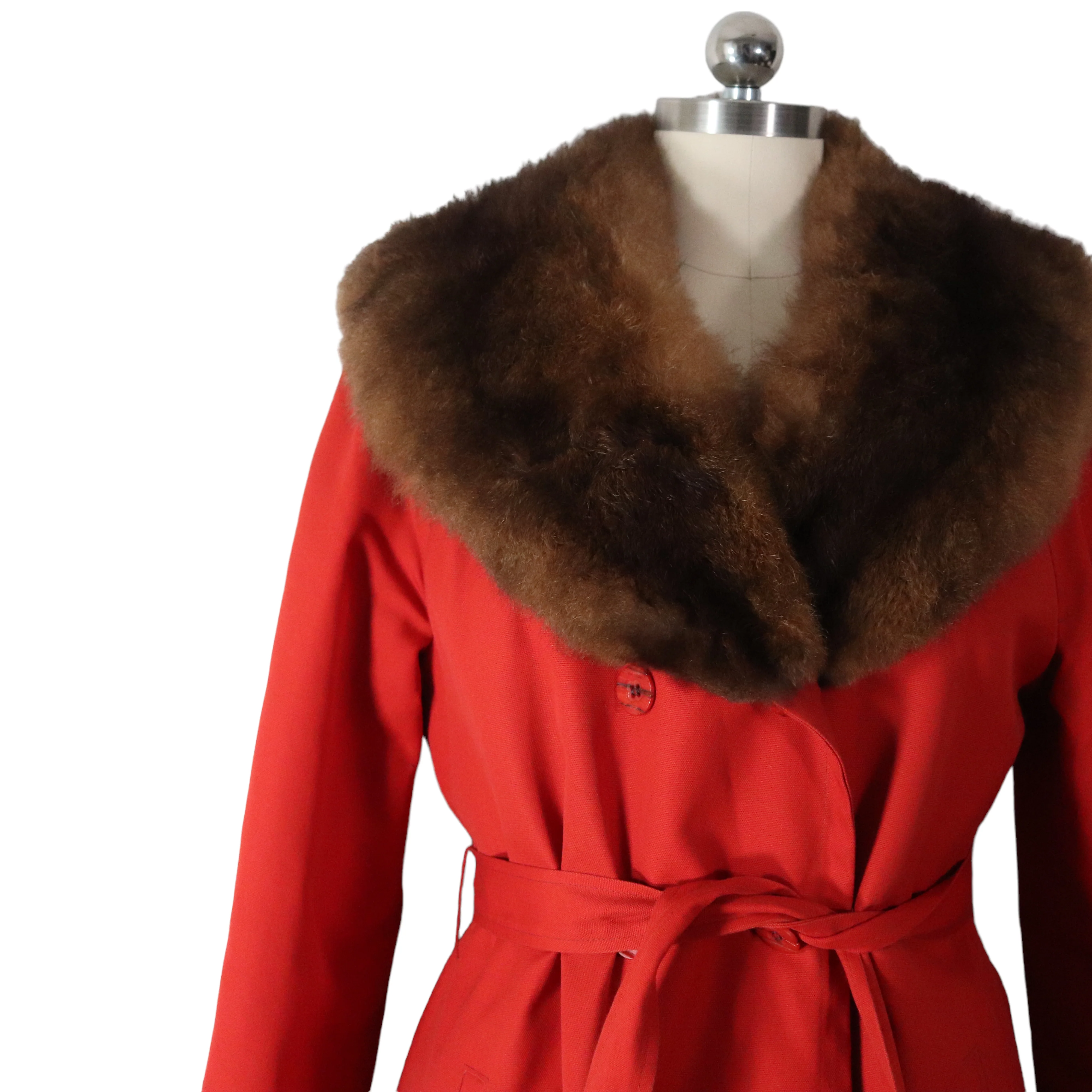 70s Orange Canvas Fur Collar Insulated Trench Coat By Weatherbee - Image 4