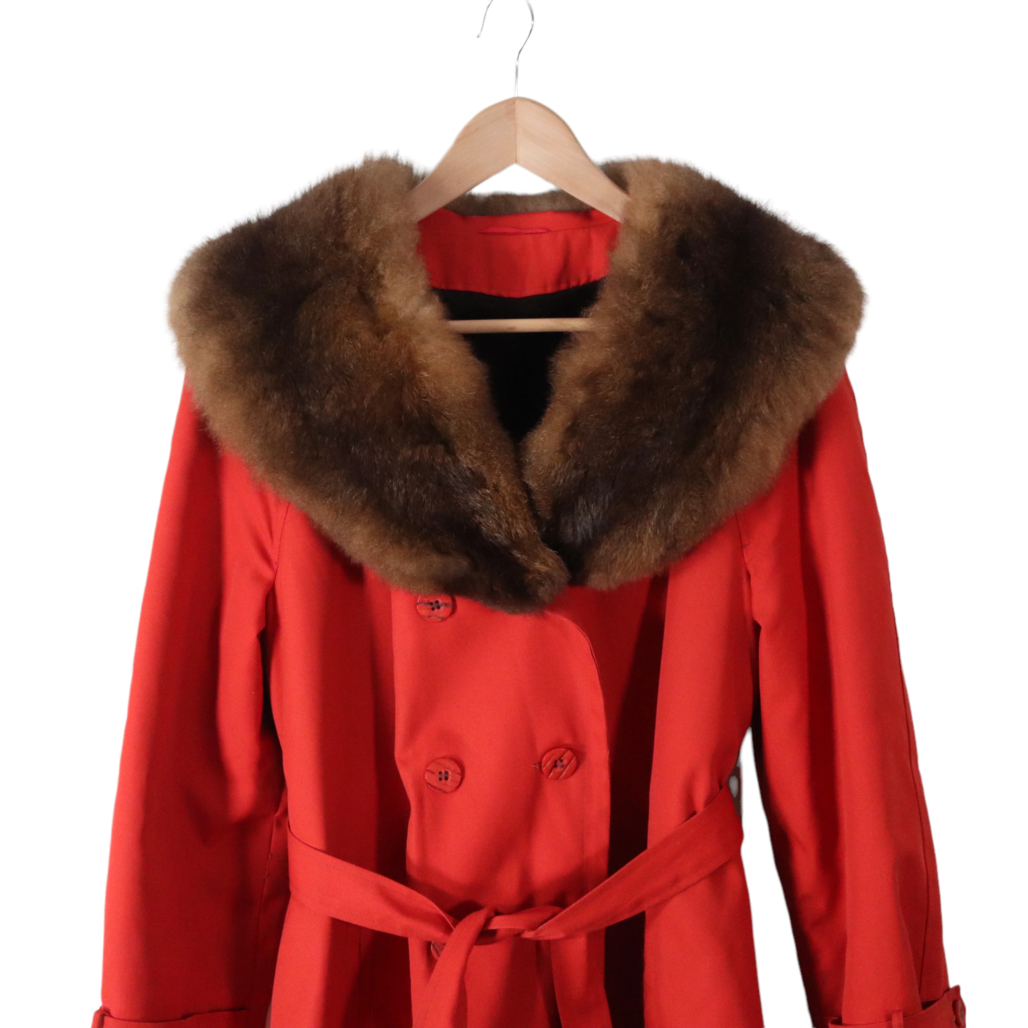 70s Orange Canvas Fur Collar Insulated Trench Coat By Weatherbee - Image 8