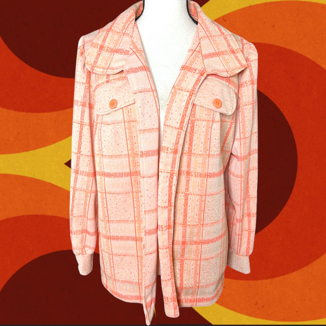 70s Orange Plaid Polyester Wide Collar Jacket Blazer - Image 2