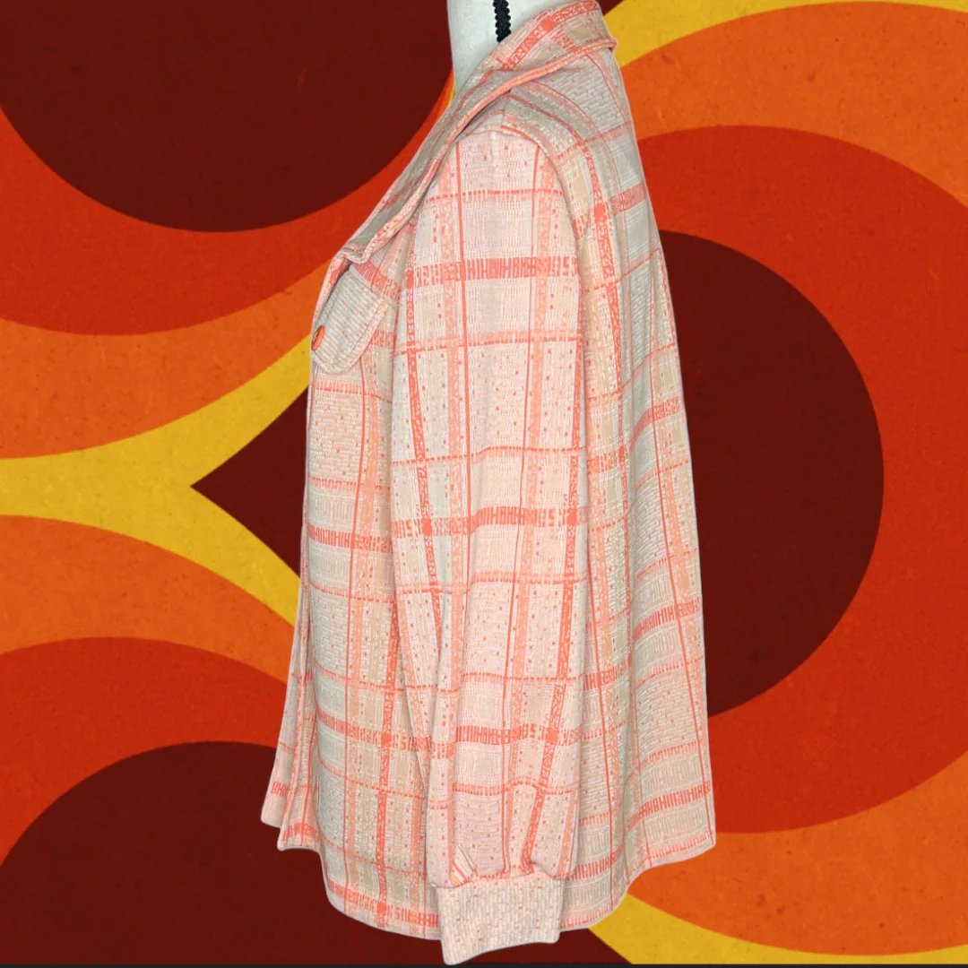 70s Orange Plaid Polyester Wide Collar Jacket Blazer - Image 3