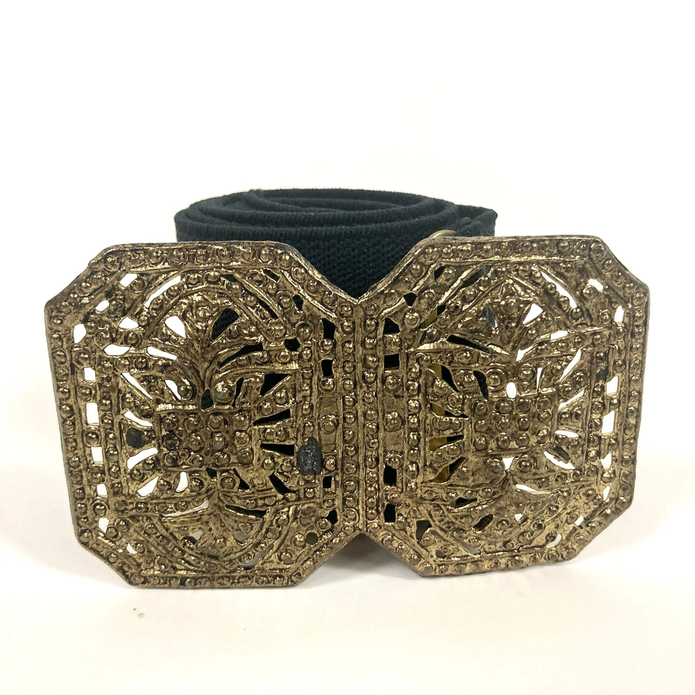 70s Ornate Brass Snake Serpent Belt Raised Stretch Rectangle Metal Gold Belt Elastic Vintage Dress Belt - Image 5