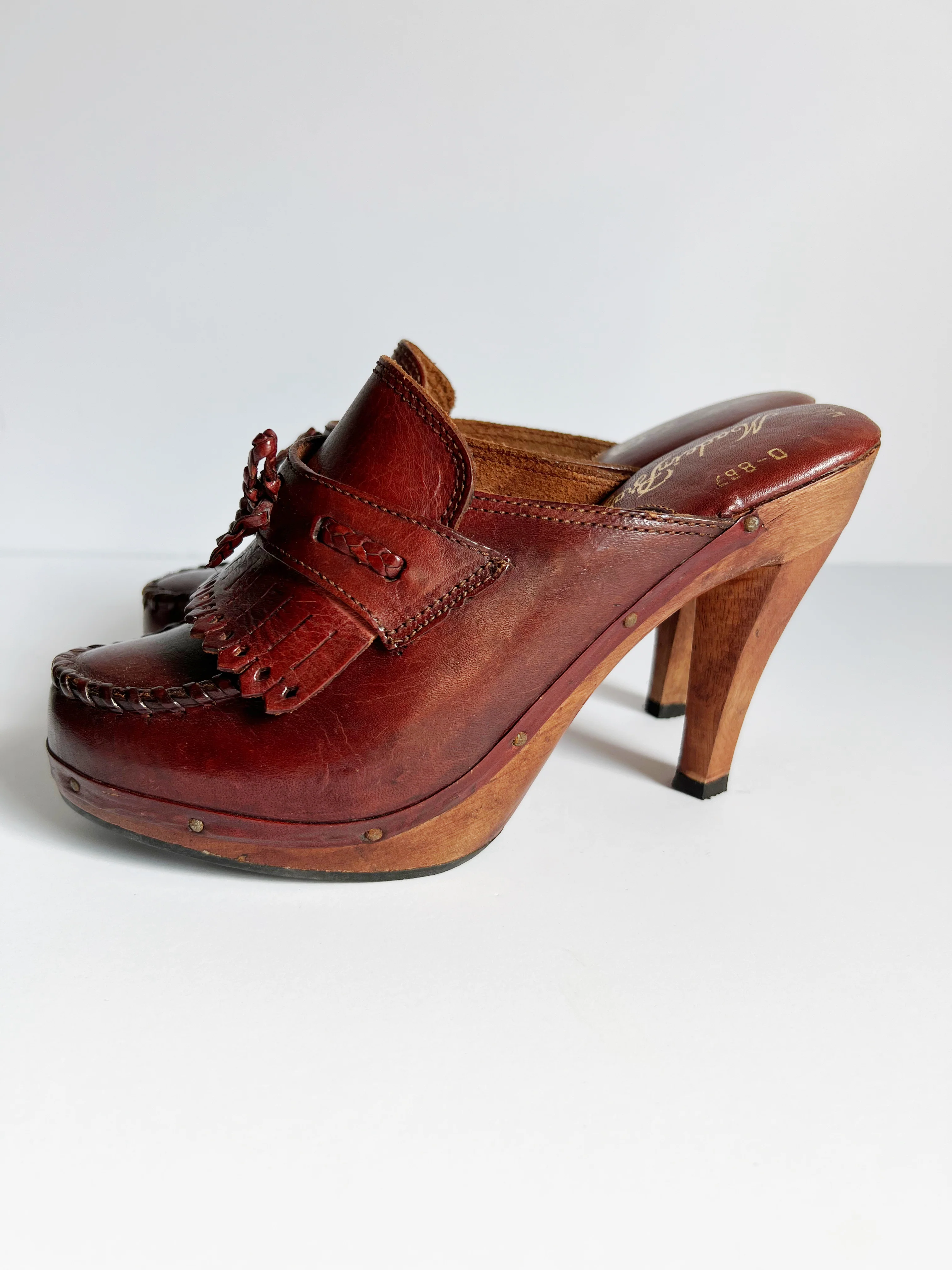 70s Oxblood Red Leather Wooden Platform Mules - Image 3