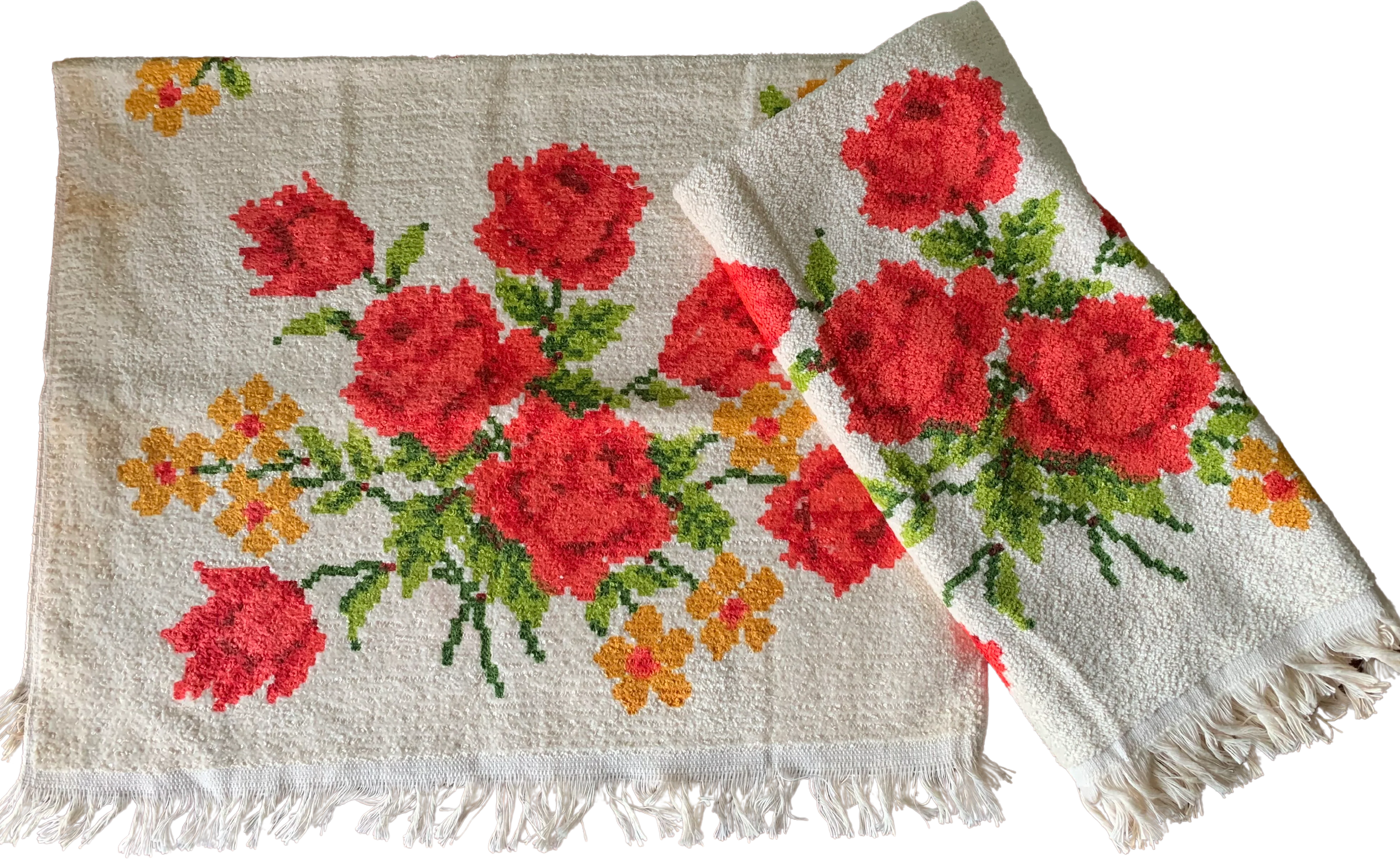 70s Pair Of Red Floral Roses Terry Cloth Dish Towels