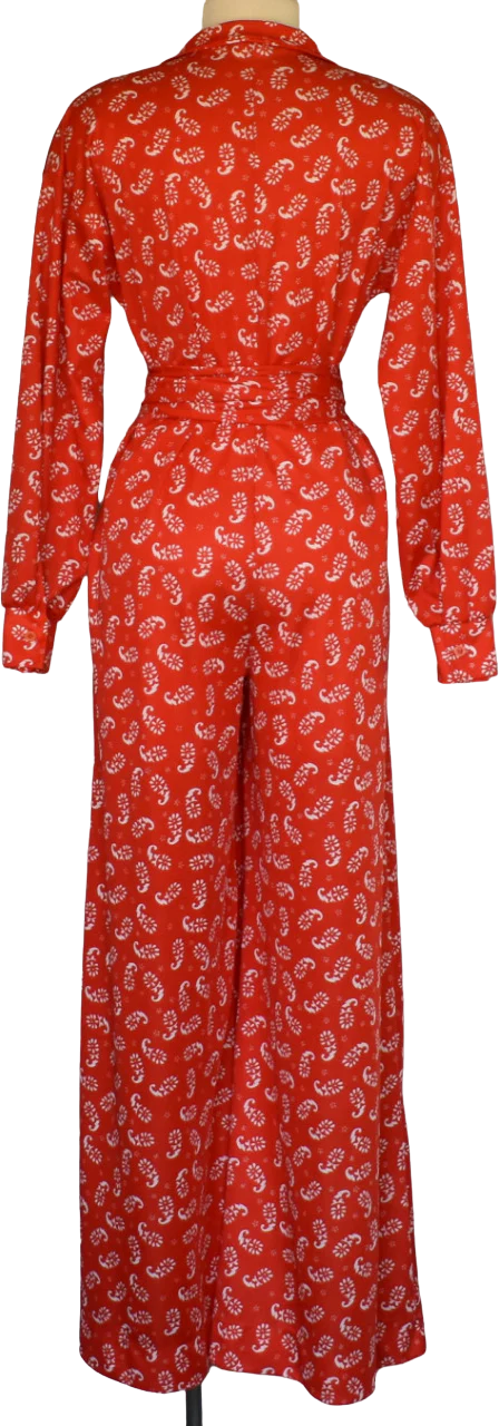 70s Paisley Print Wide Leg Jumpsuit In Red And White M By Aileen - Image 2