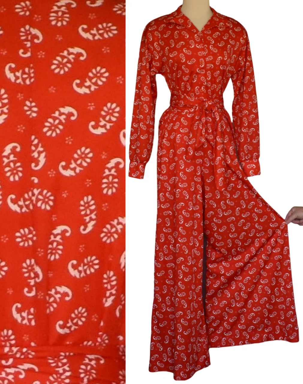 70s Paisley Print Wide Leg Jumpsuit In Red And White M By Aileen - Image 4