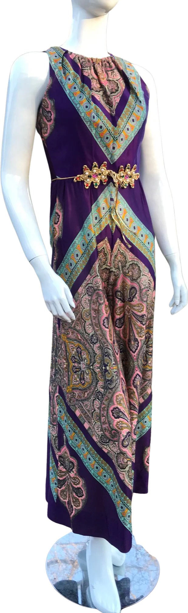 70s Palazzo Purple Gold Printed Halter Jumpsuit