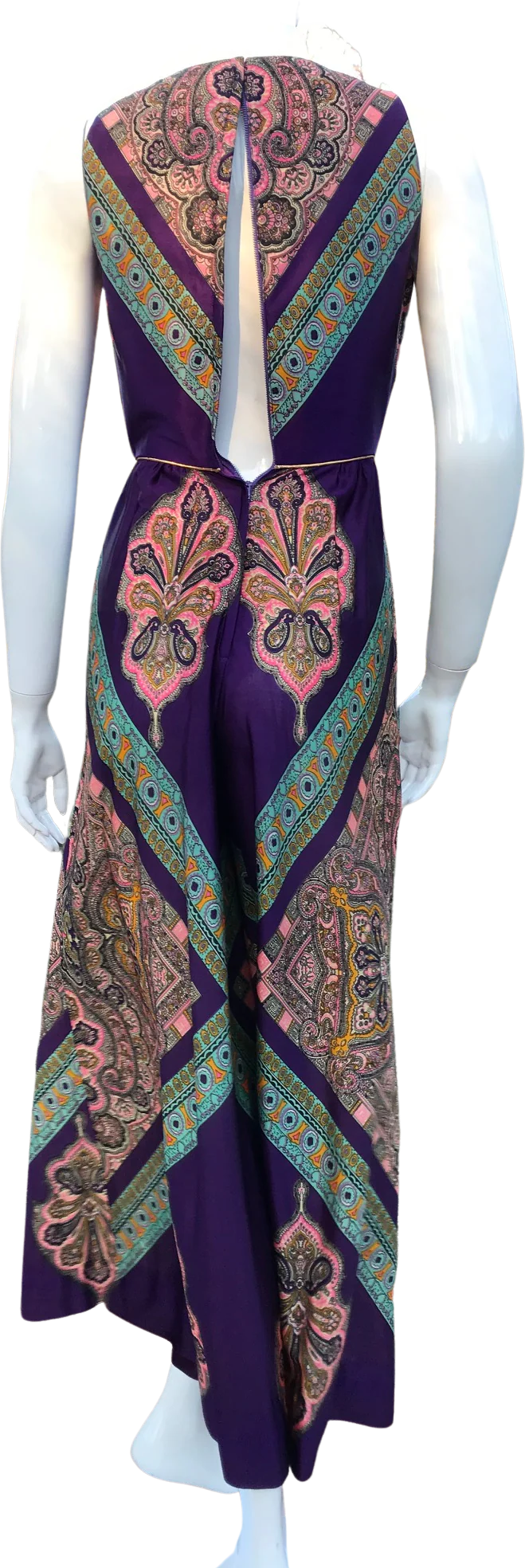 70s Palazzo Purple Gold Printed Halter Jumpsuit - Image 2