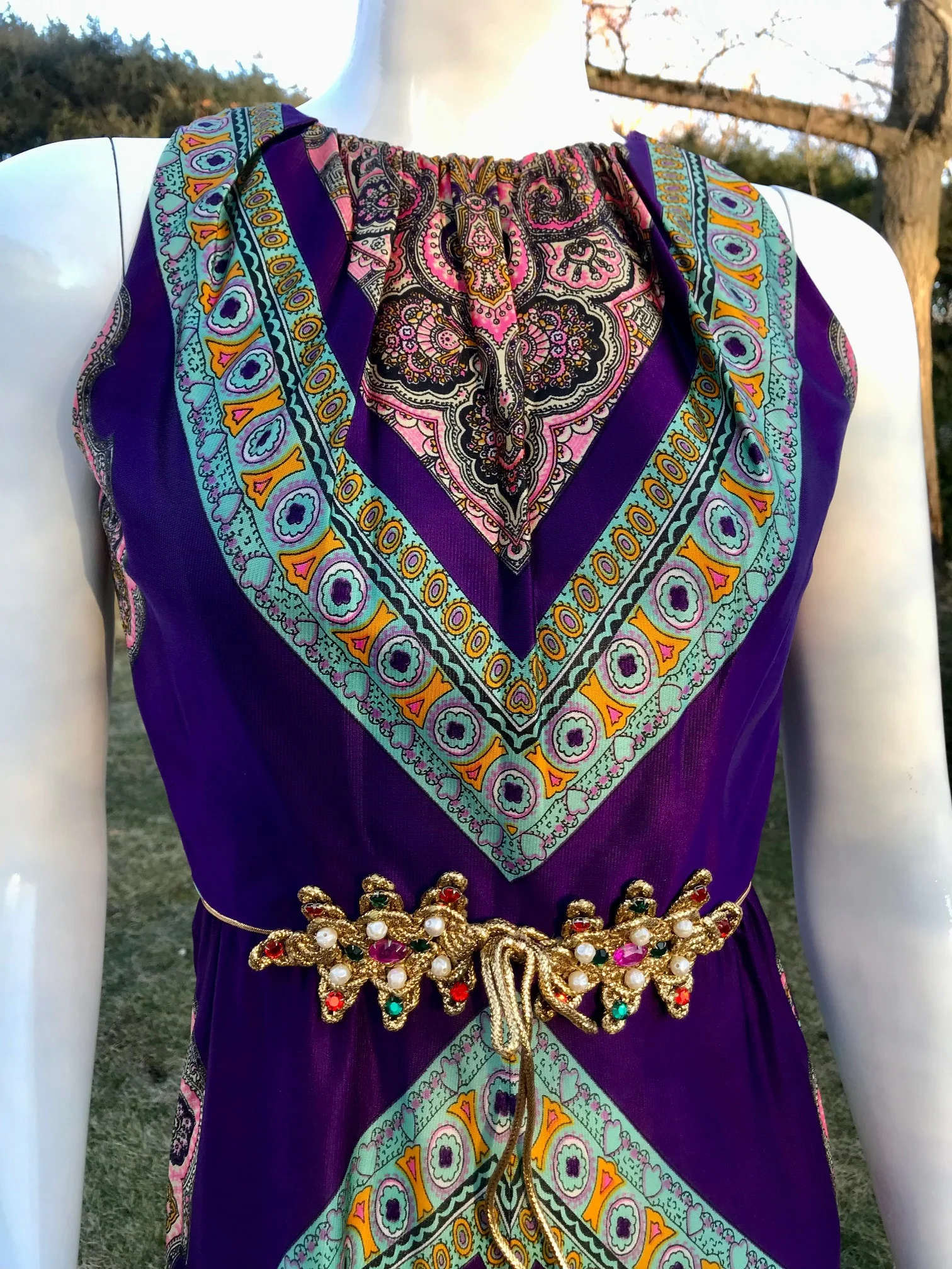 70s Palazzo Purple Gold Printed Halter Jumpsuit - Image 3