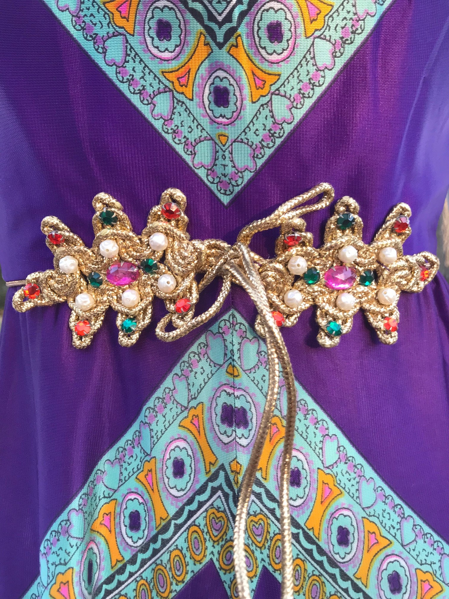 70s Palazzo Purple Gold Printed Halter Jumpsuit - Image 4