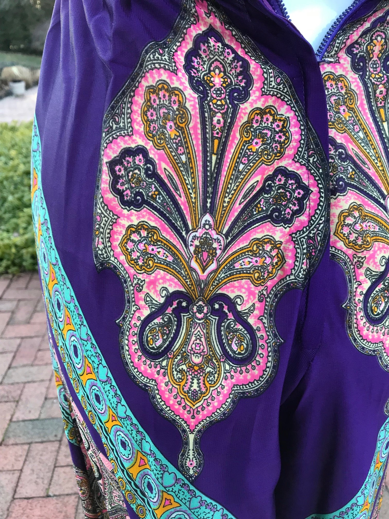 70s Palazzo Purple Gold Printed Halter Jumpsuit - Image 5