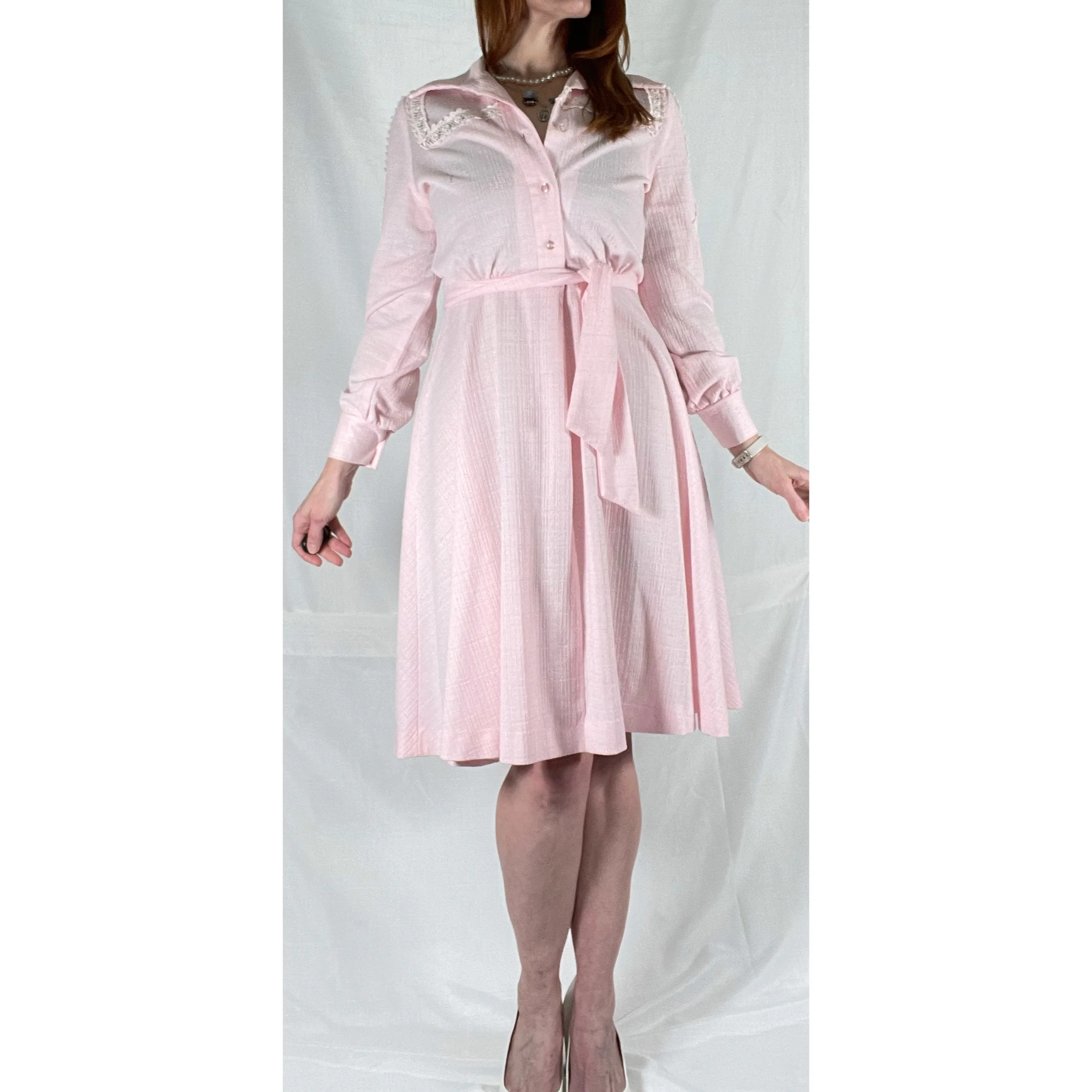 70s Pastel Pink Long Sleeve Midi Shirt Dress - Image 3
