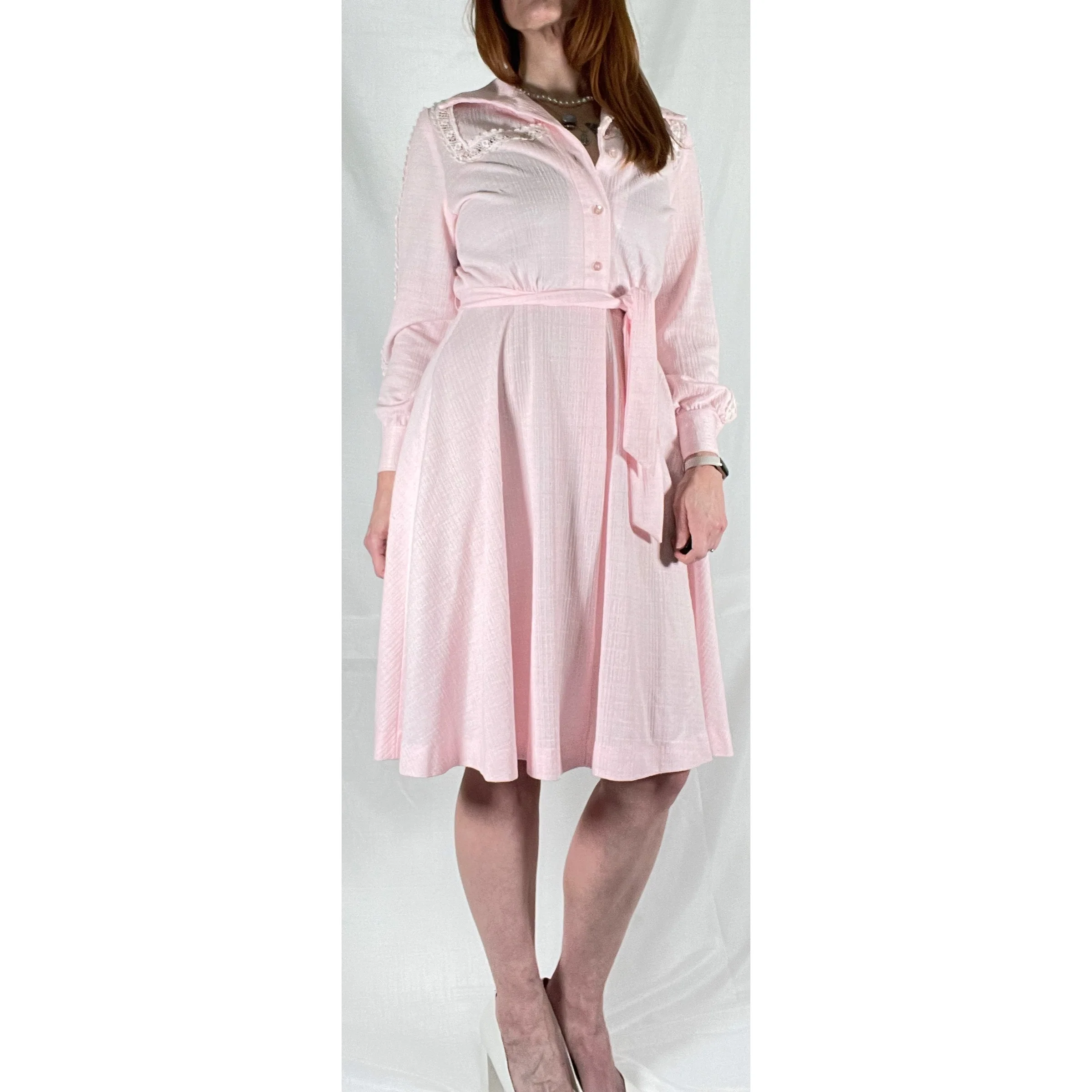 70s Pastel Pink Long Sleeve Midi Shirt Dress - Image 4