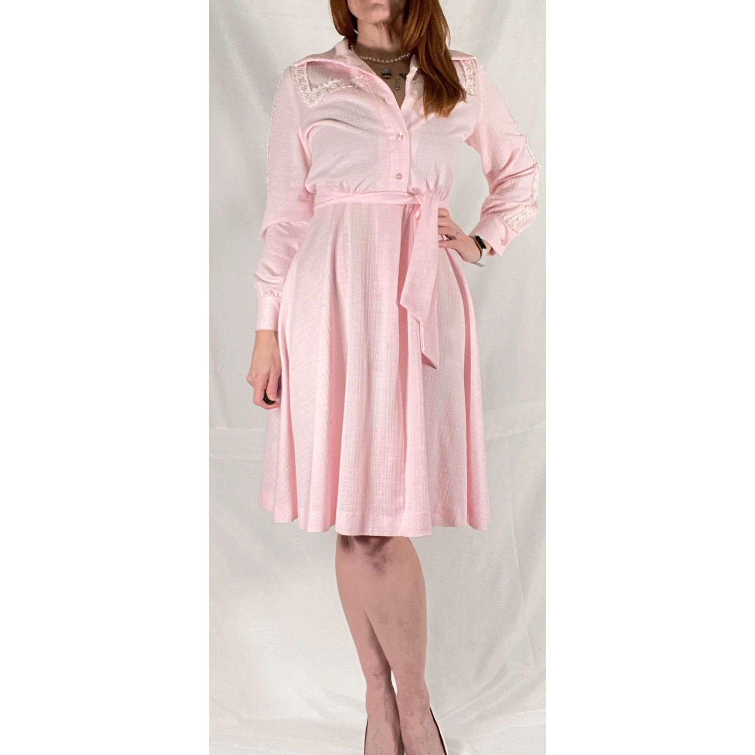 70s Pastel Pink Long Sleeve Midi Shirt Dress - Image 6