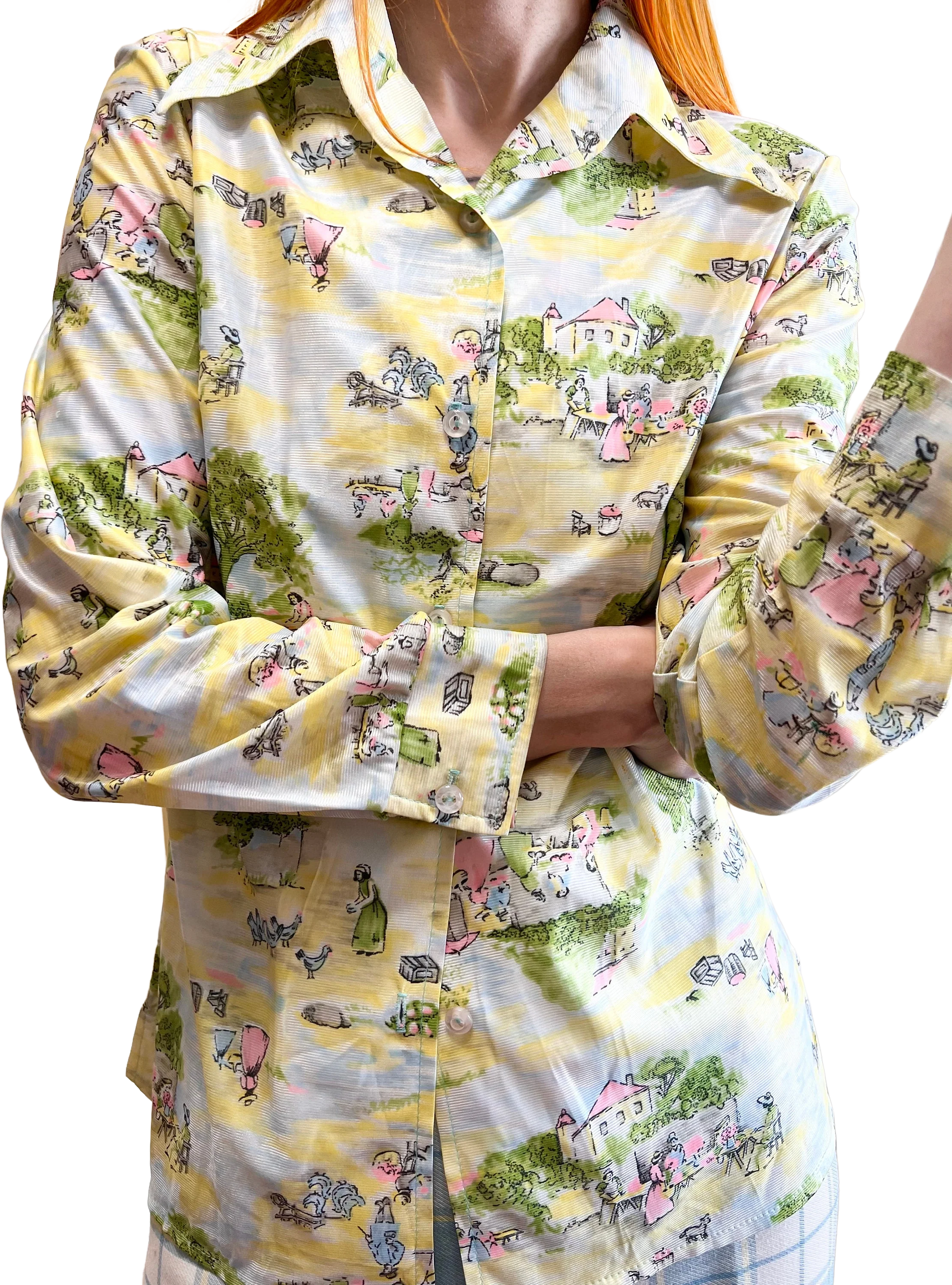 70s Pastel Psychedelic Farm Scene Novelty Disco Shirt Blouse by Kitsch Originals