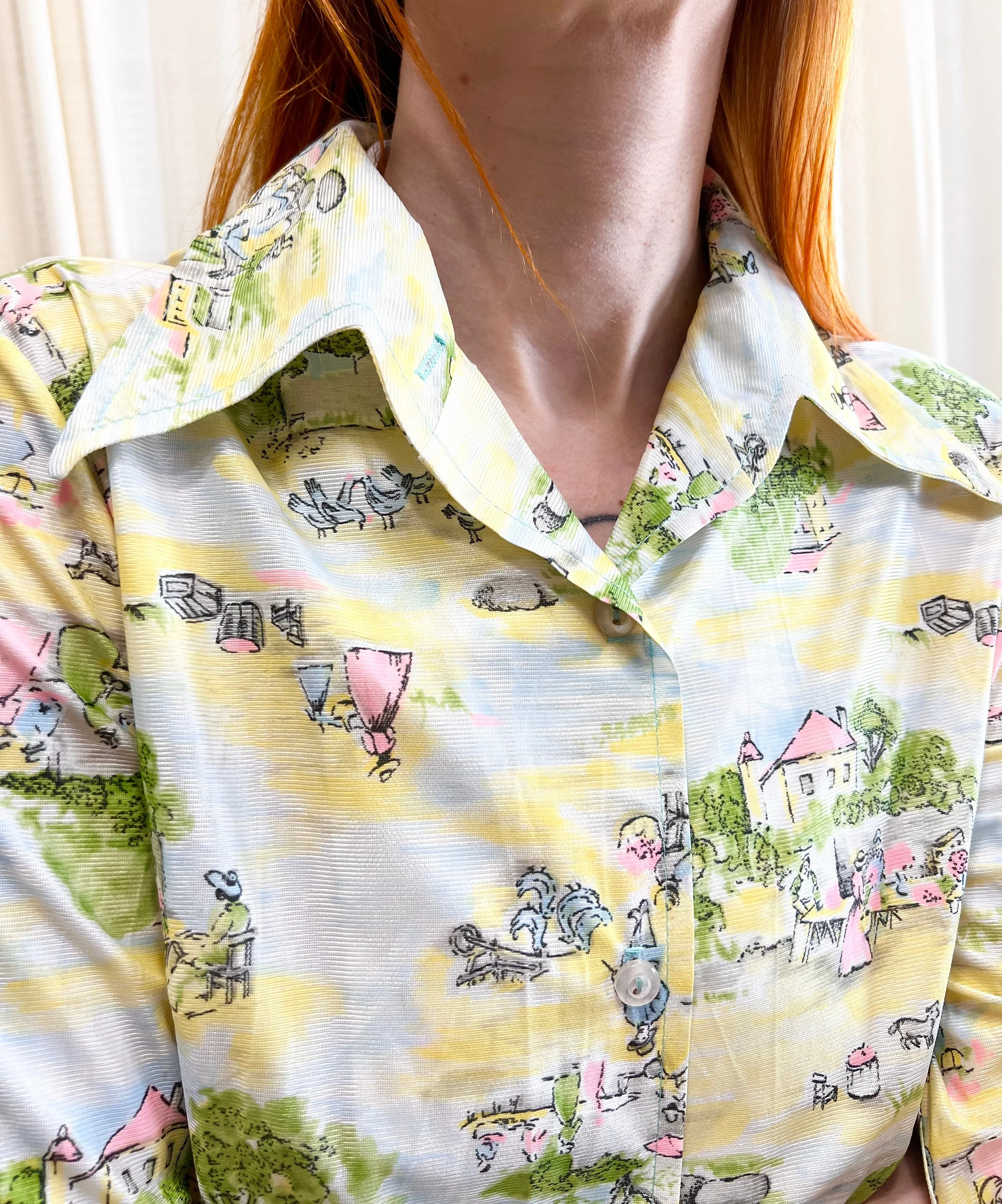 70s Pastel Psychedelic Farm Scene Novelty Disco Shirt Blouse by Kitsch Originals - Image 2