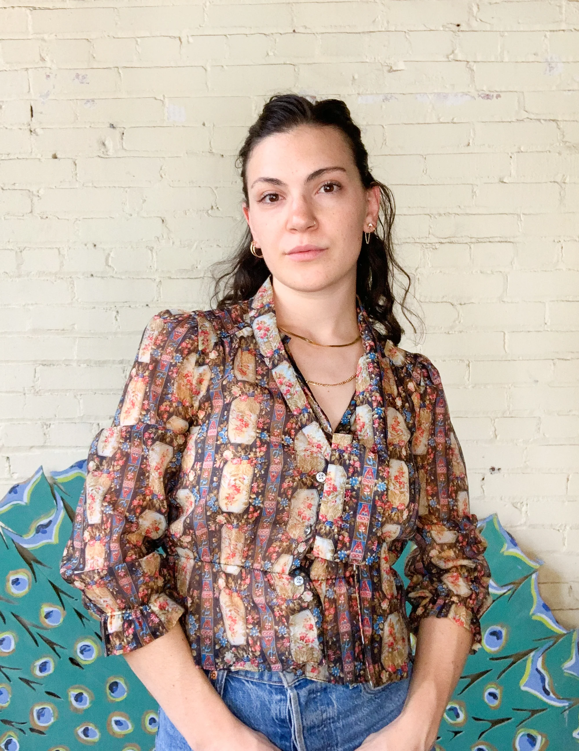 70s Patterned Semi Sheer Blouse With Tie Small By L.a. by Arpejo - Image 10