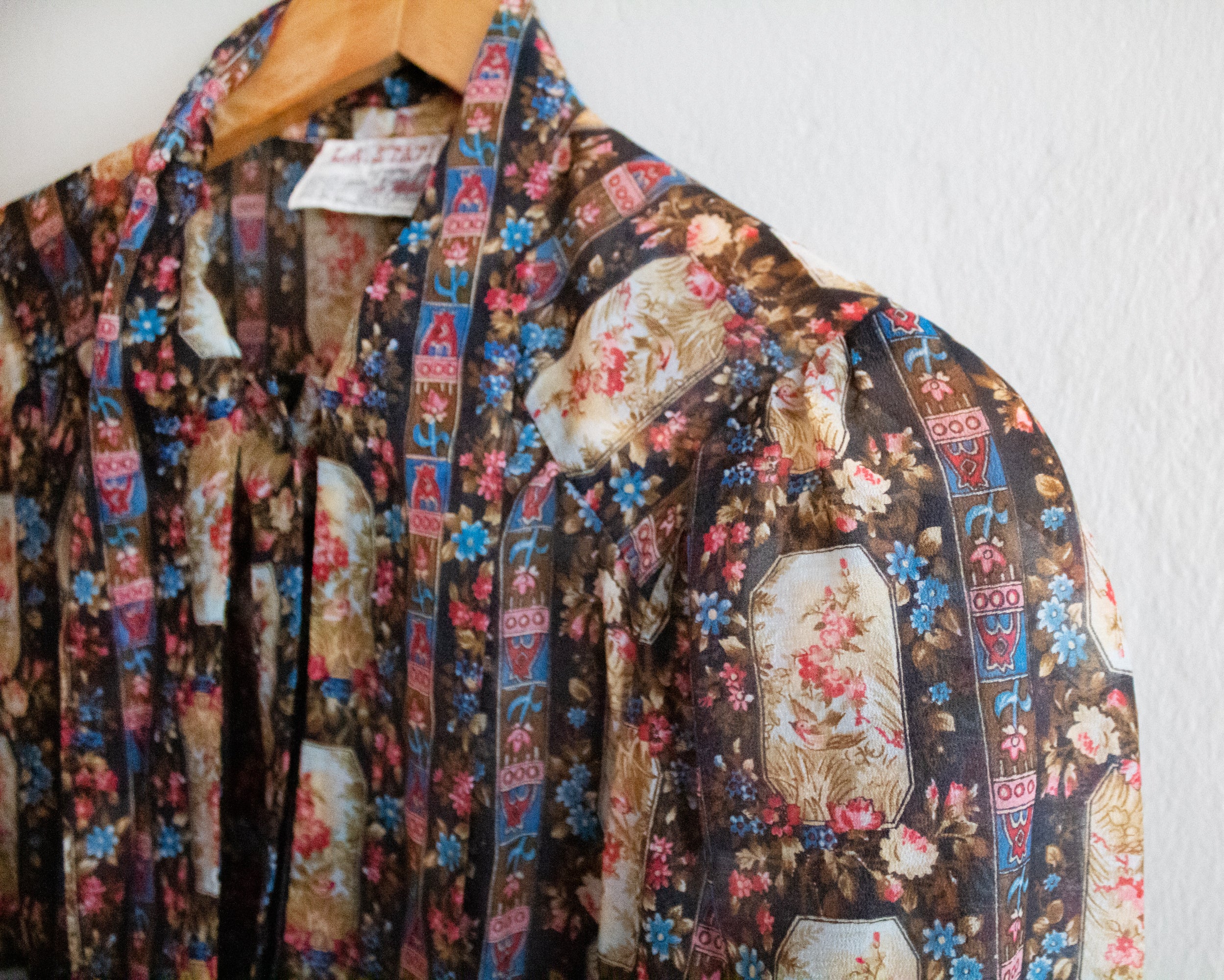 70s Patterned Semi Sheer Blouse With Tie Small By L.a. by Arpejo - Image 4