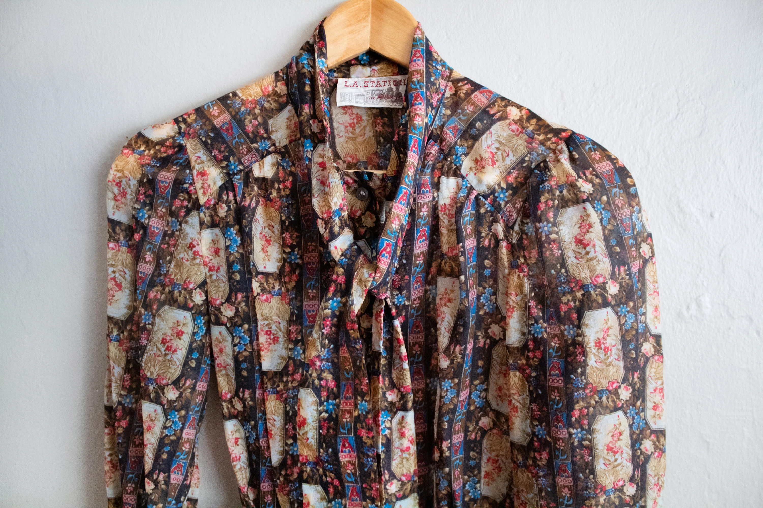 70s Patterned Semi Sheer Blouse With Tie Small By L.a. by Arpejo - Image 5