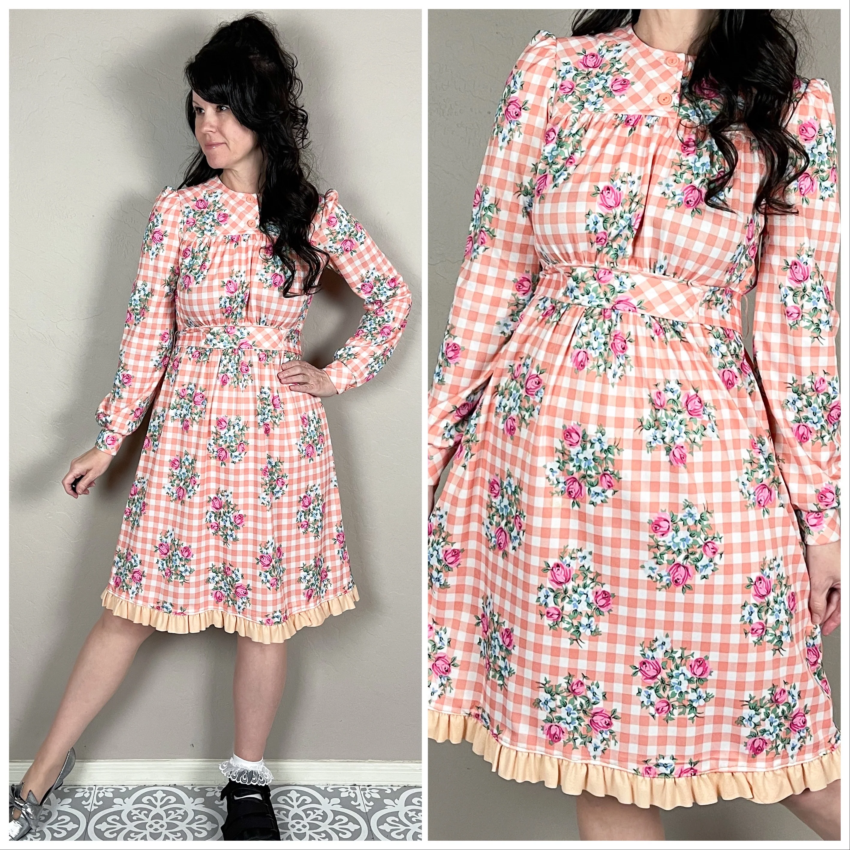 70s Peach Gingham And Floral Long Sleeve A-line Dress - Image 2
