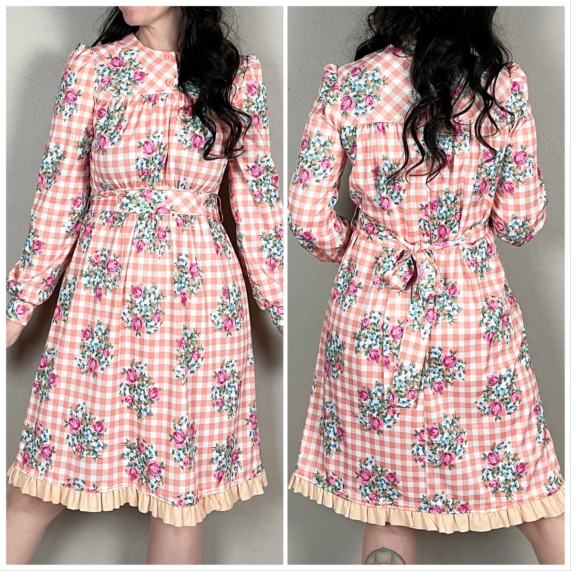 70s Peach Gingham And Floral Long Sleeve A-line Dress - Image 4