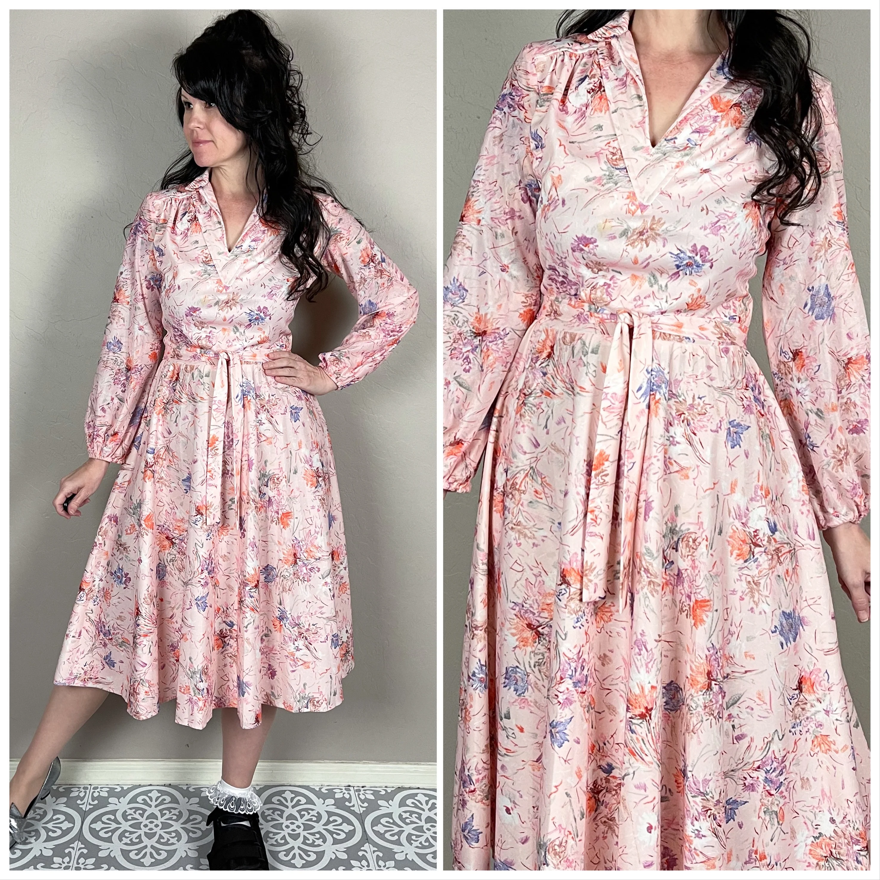 70s Peachy Floral Long Puffy Sleeve Dress - Image 2