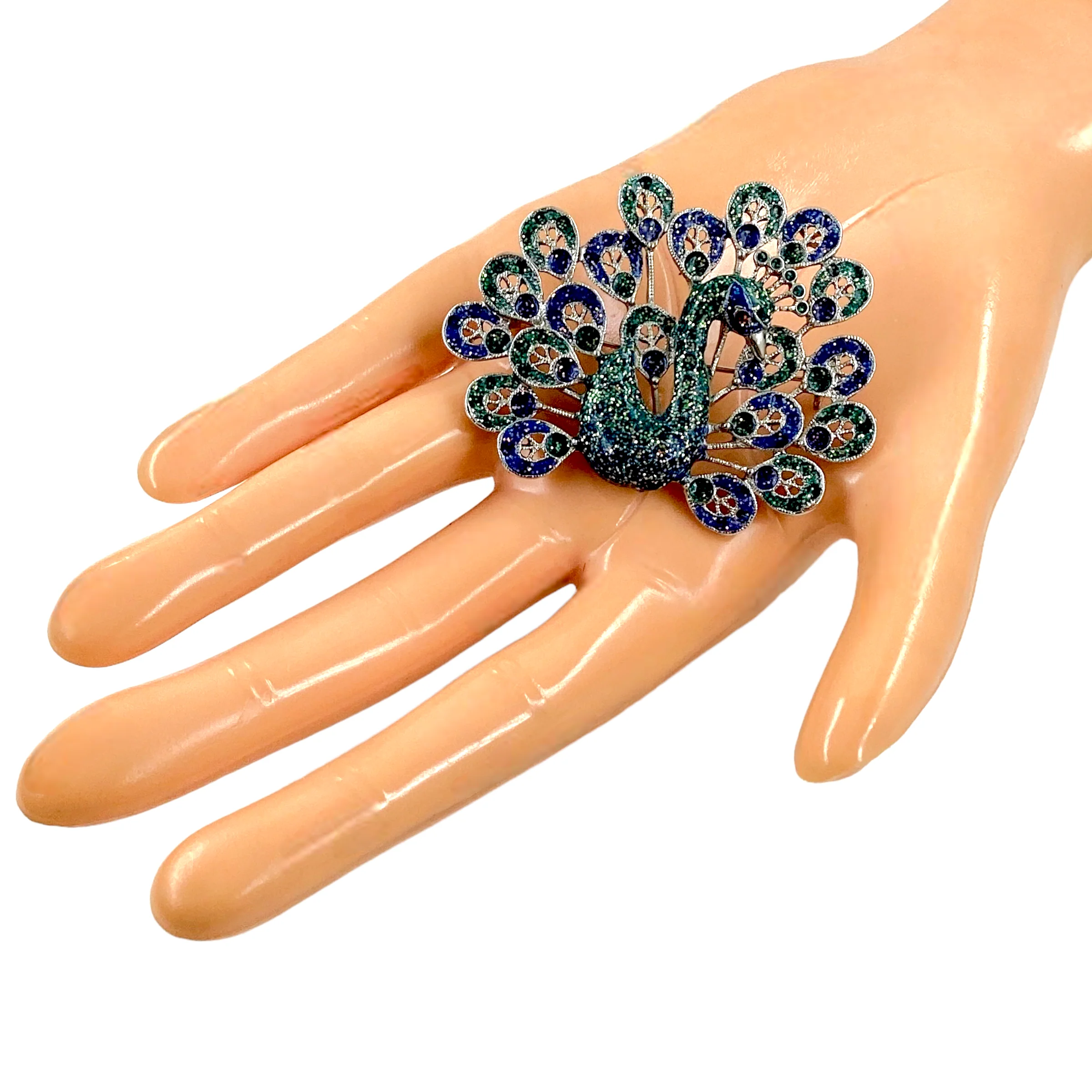 70s Peacock Enamel Filigree 3d Brooch Pin - Image 14