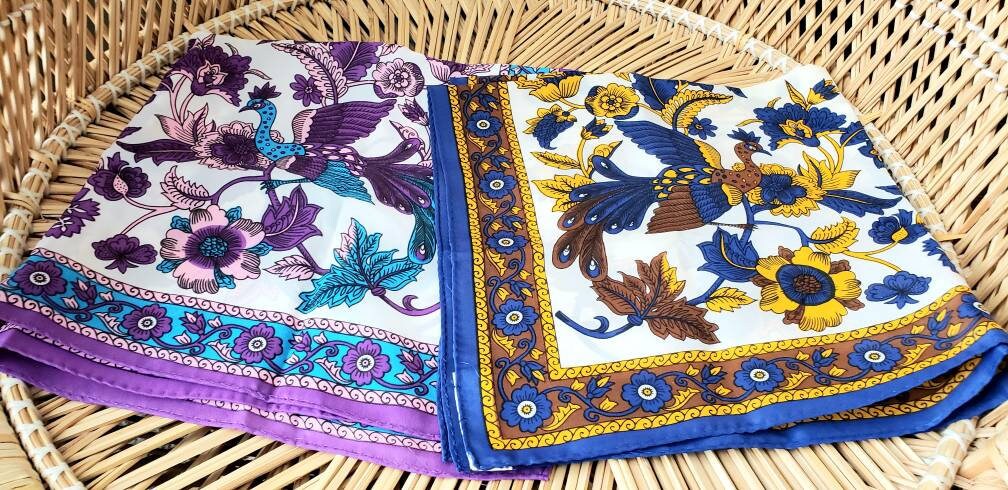 70s Peacock Scarves by Nasharr Frères Set of 2 One Purple Peacock Scarf and One Navy Peacock Scarf by Nasharr Frères Ltd - Image 10