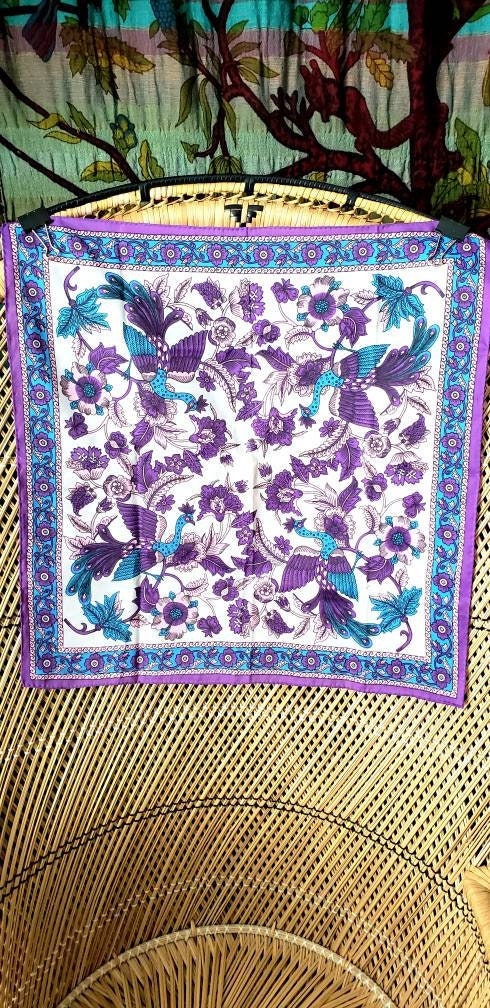 70s Peacock Scarves by Nasharr Frères Set of 2 One Purple Peacock Scarf and One Navy Peacock Scarf by Nasharr Frères Ltd - Image 3
