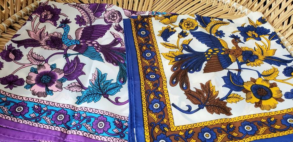 70s Peacock Scarves by Nasharr Frères Set of 2 One Purple Peacock Scarf and One Navy Peacock Scarf by Nasharr Frères Ltd - Image 4