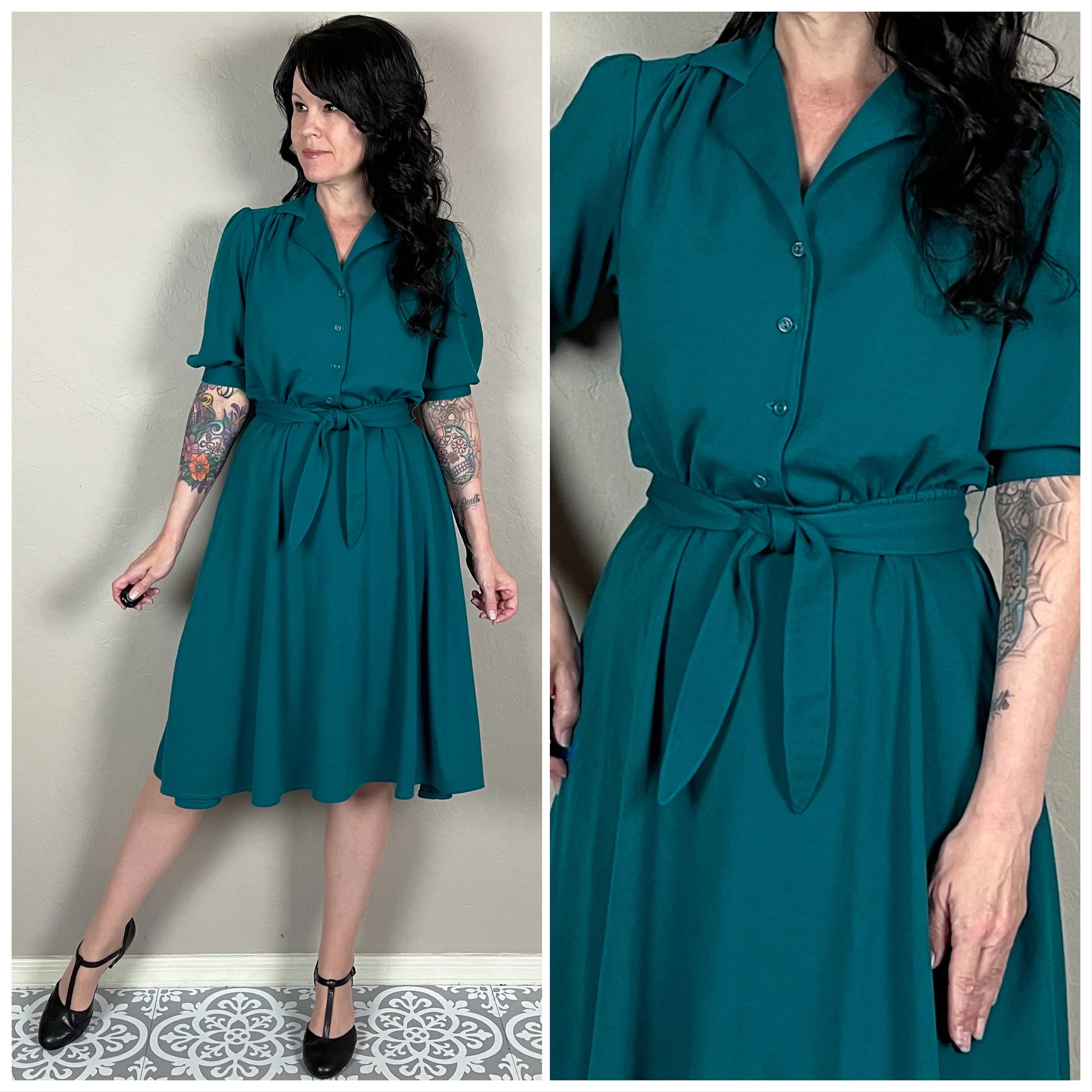 70s Peacock Short Sleeve Jersey Knit Shirtwaist Dress By California Looks - Image 3