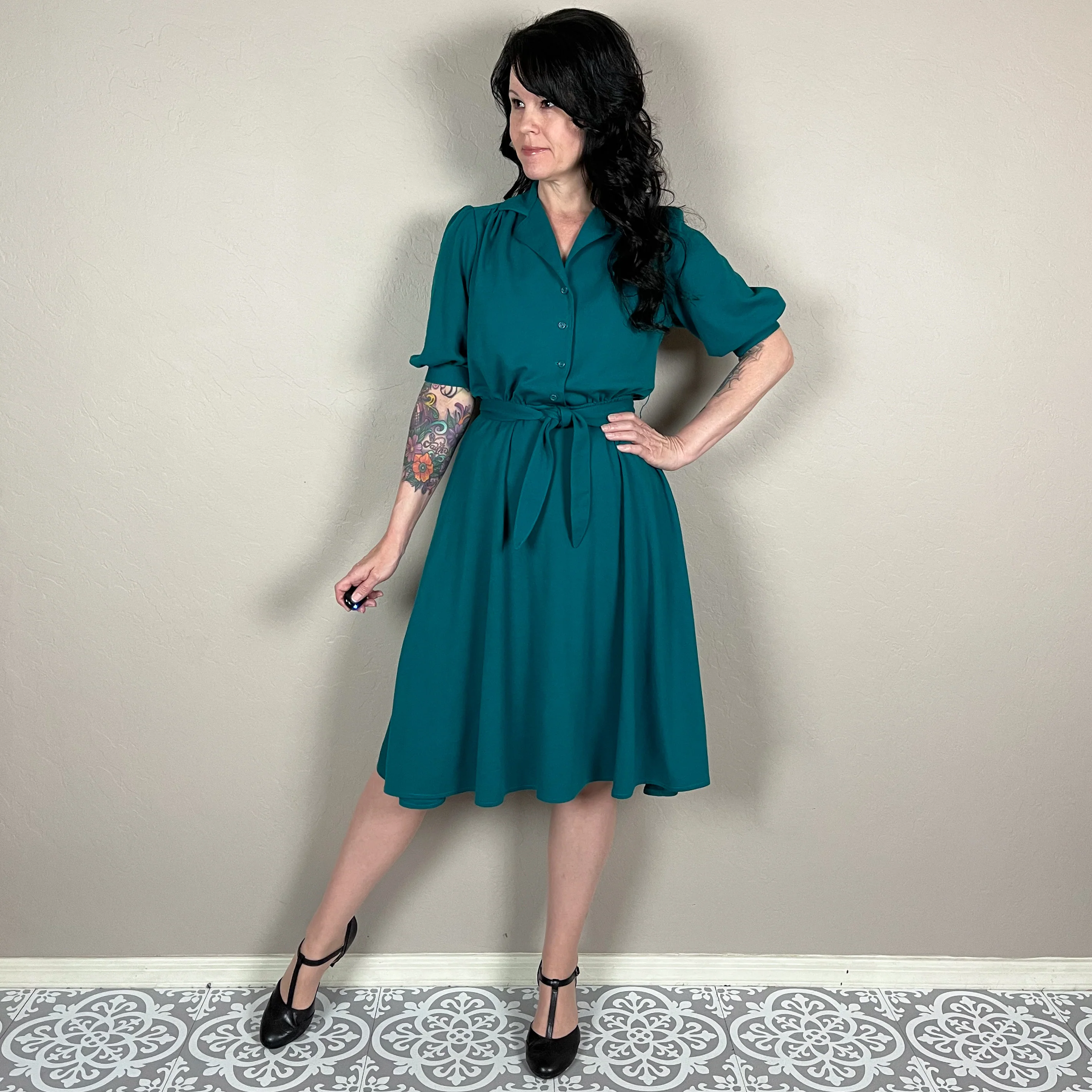 70s Peacock Short Sleeve Jersey Knit Shirtwaist Dress By California Looks - Image 4
