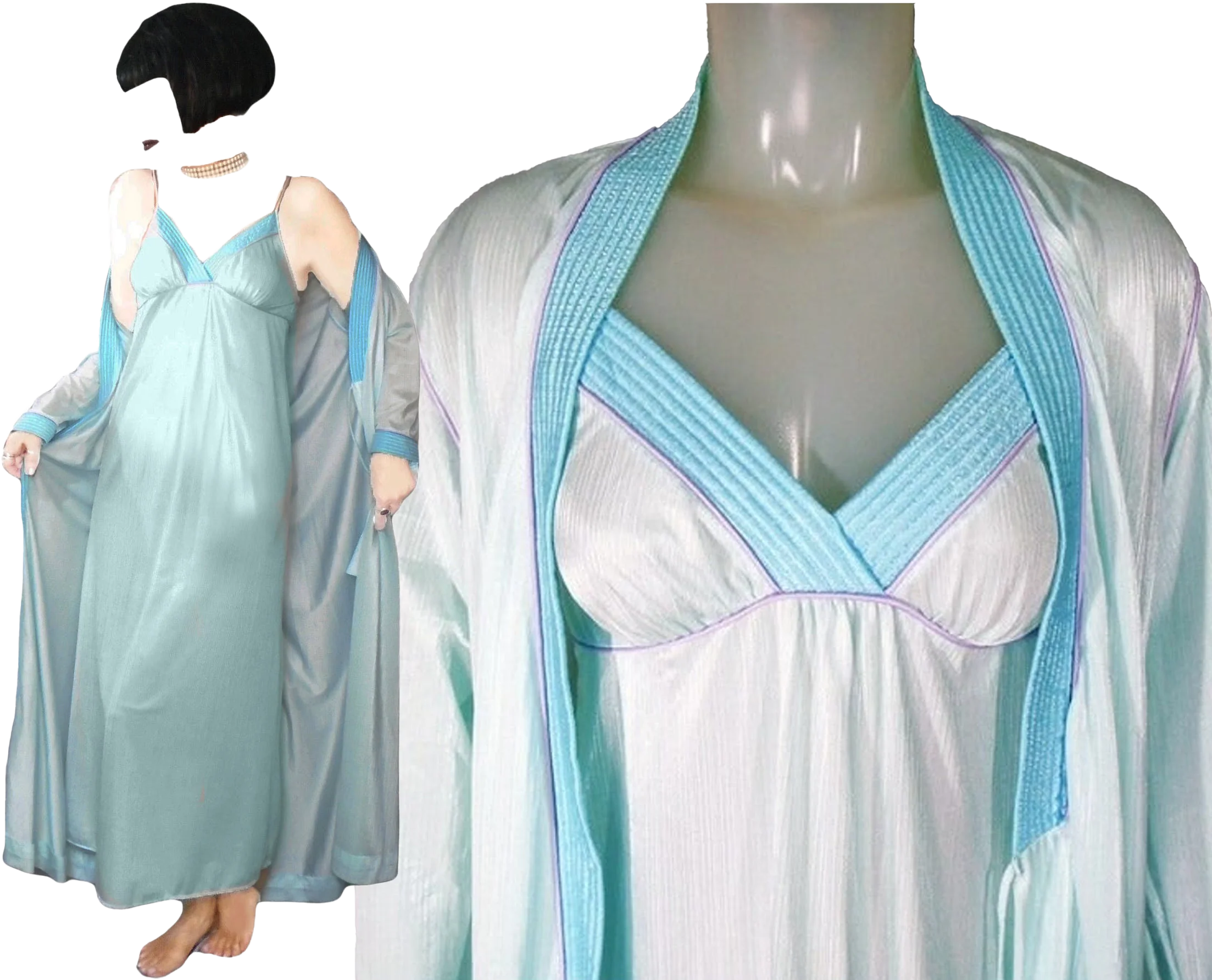 70s Peignoir Set Long Robe Nightgown Aqua And Lavender By Barad