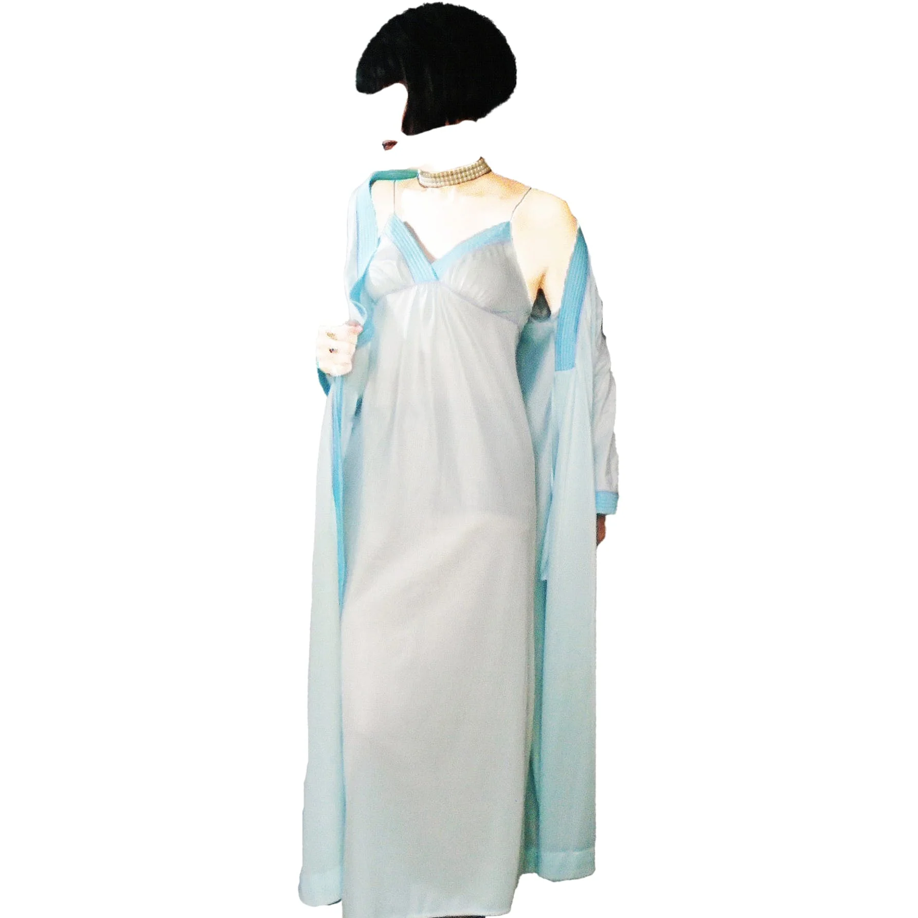 70s Peignoir Set Long Robe Nightgown Aqua And Lavender By Barad - Image 3