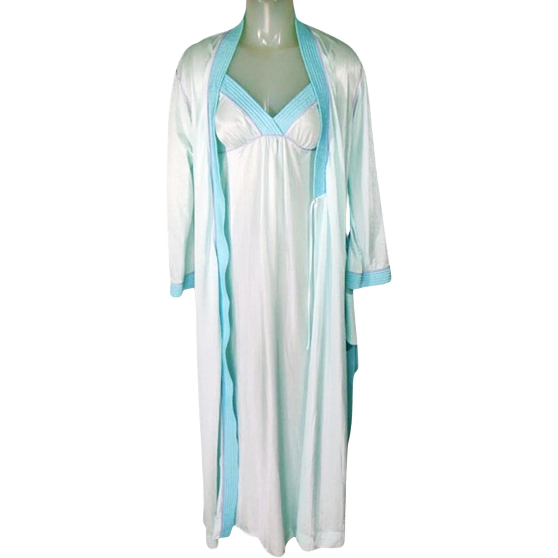 70s Peignoir Set Long Robe Nightgown Aqua And Lavender By Barad - Image 4