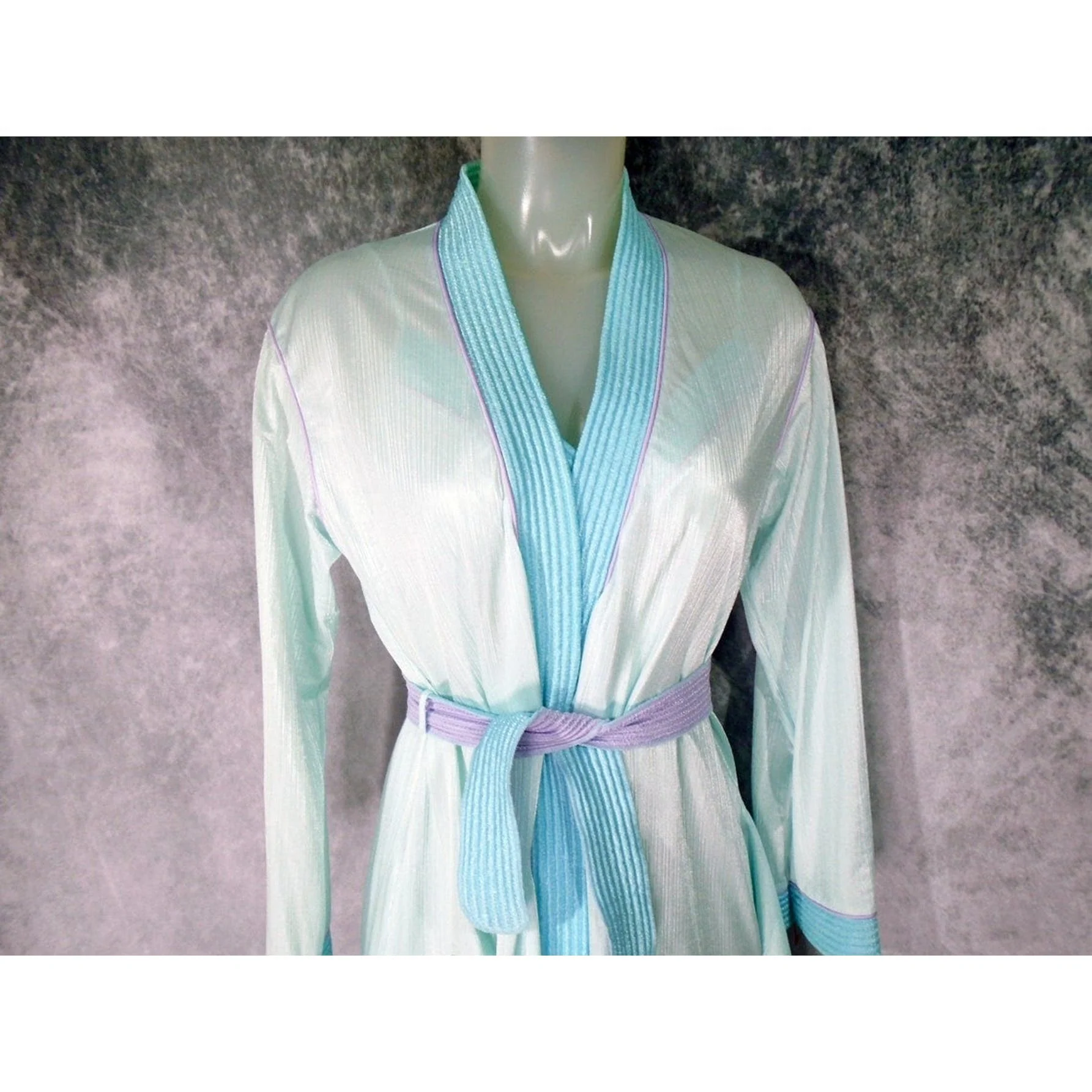 70s Peignoir Set Long Robe Nightgown Aqua And Lavender By Barad - Image 8