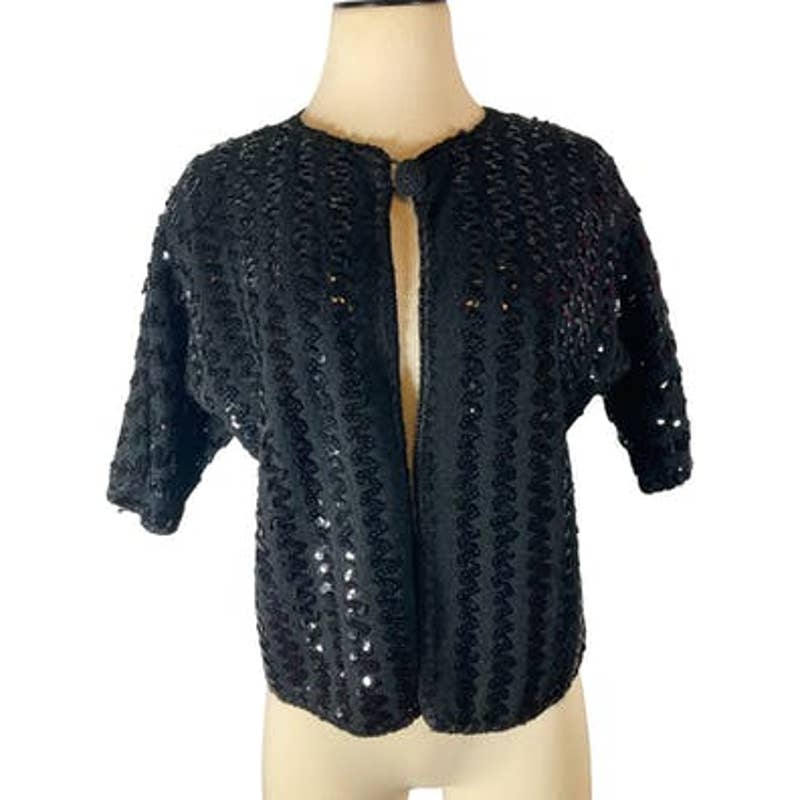 70s Peter Freund Vintage Black Sequin Knit Cardigan Sweater by Peter Freund - Image 11