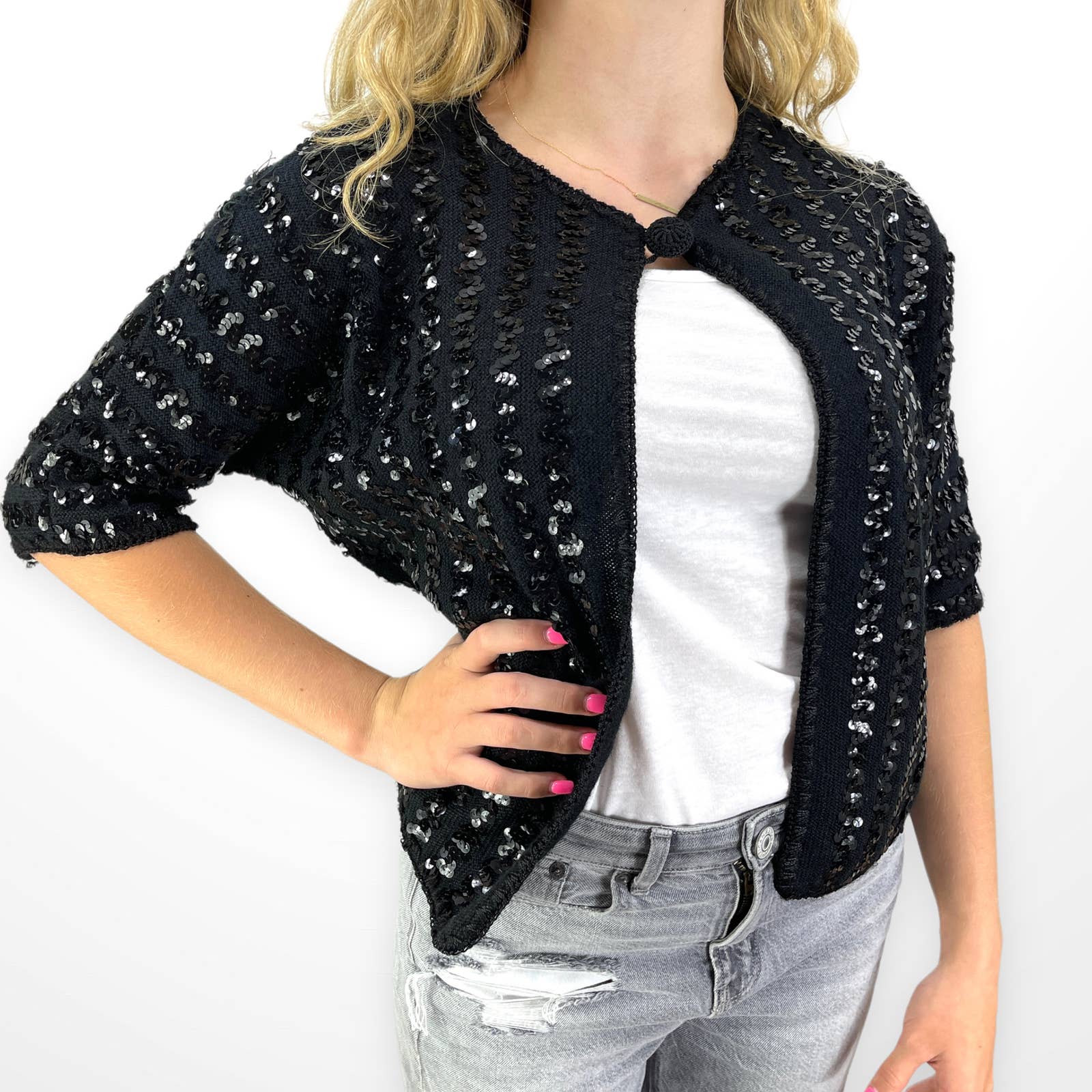 70s Peter Freund Vintage Black Sequin Knit Cardigan Sweater by Peter Freund - Image 12