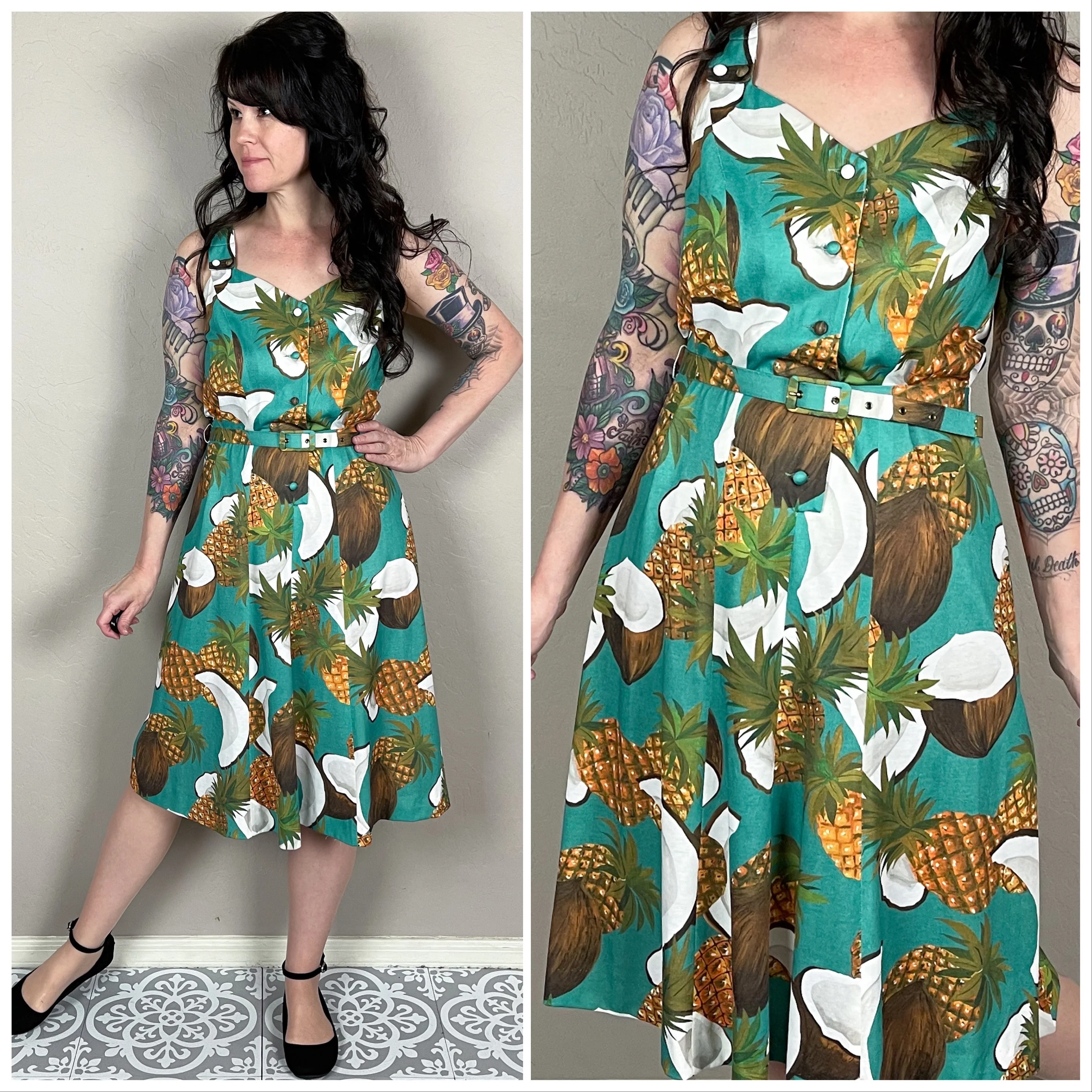 70s Pineapple Coconut Novelty Print Sleeveless Dress By Marcelle Griffon - Image 2