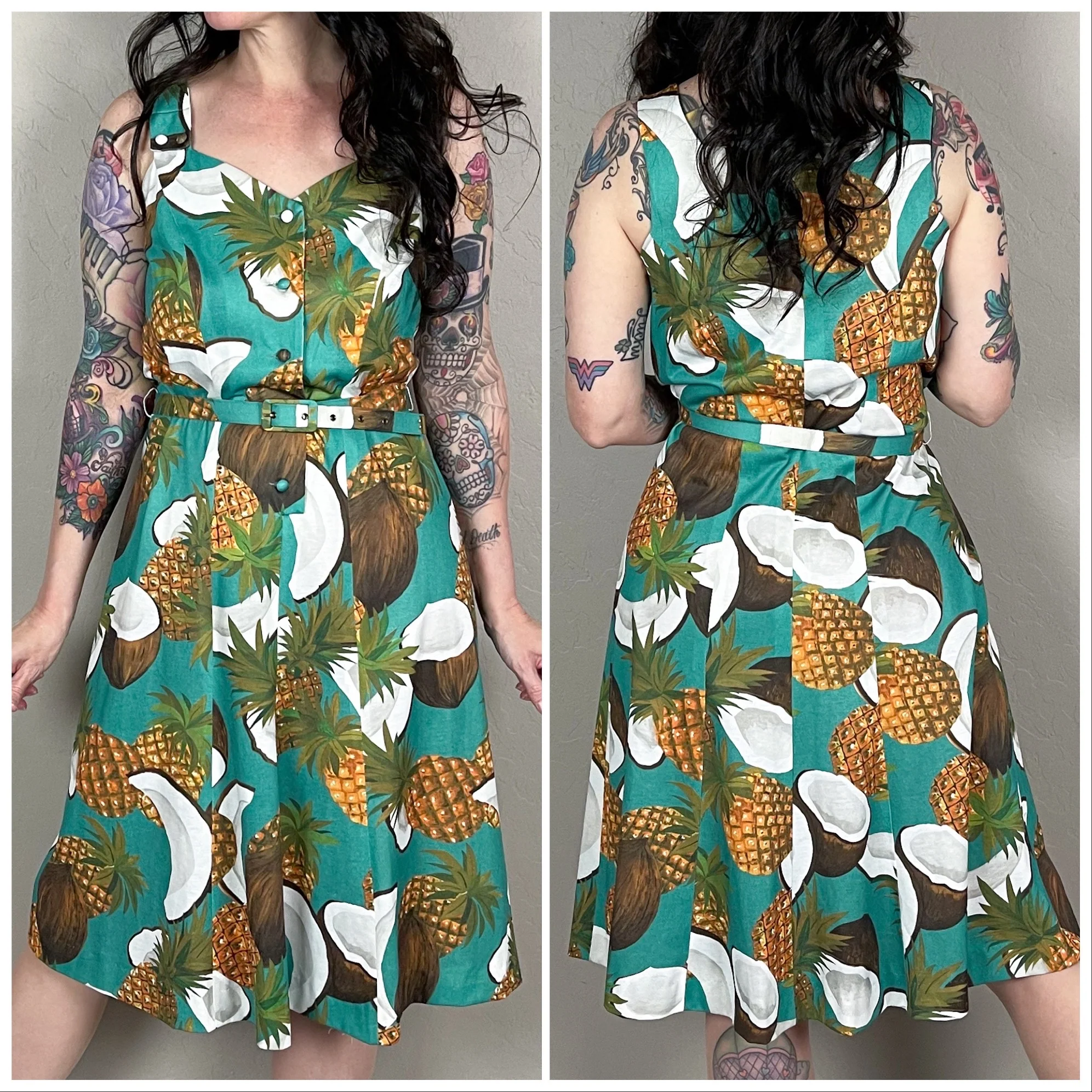 70s Pineapple Coconut Novelty Print Sleeveless Dress By Marcelle Griffon - Image 4